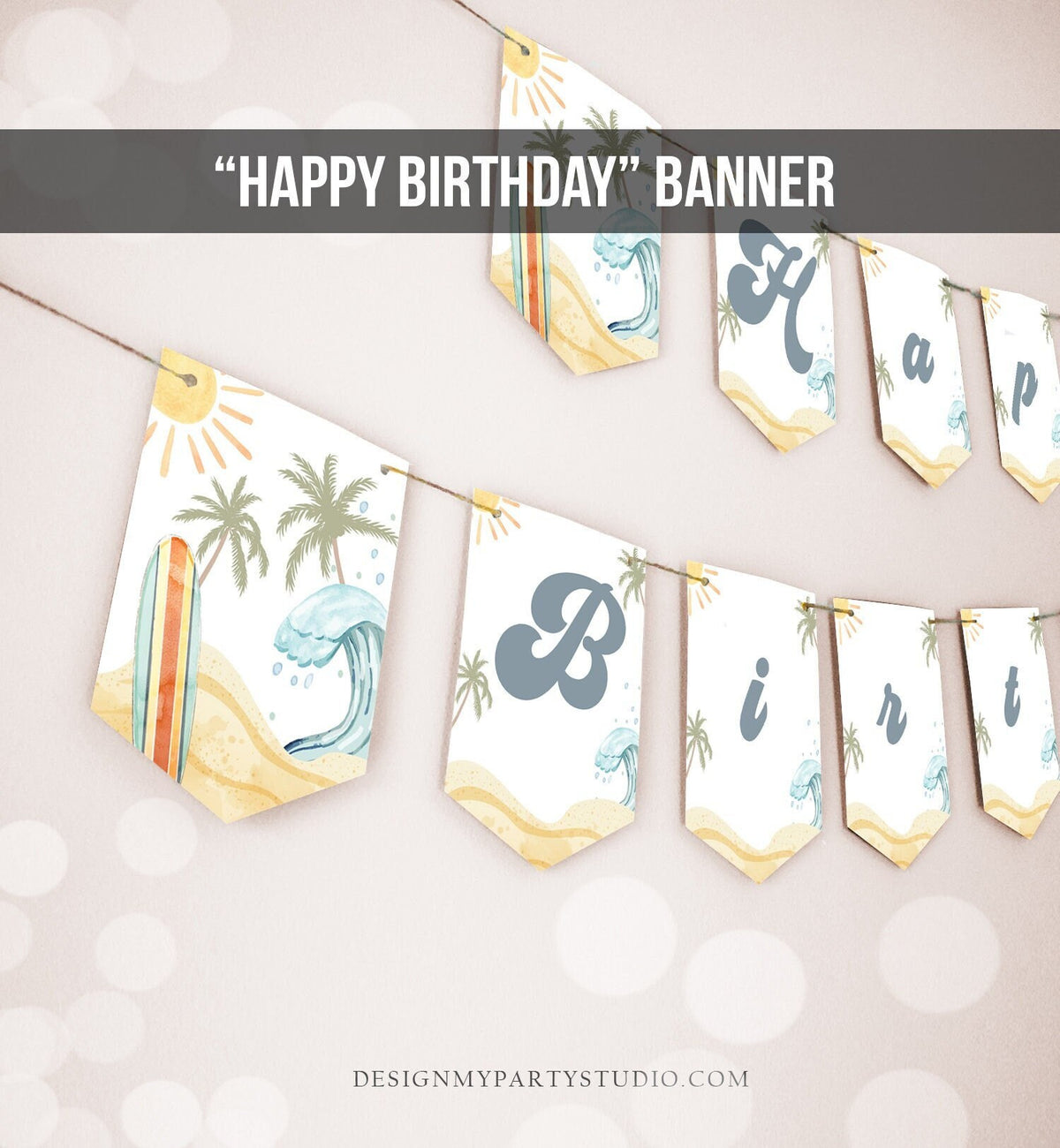 Happy Birthday Banner Surf Birthday Banner The Big One Surfing Surfboard Retro Beach Decor 1st Boy Download PRINTABLE DIGITAL DIY 0433