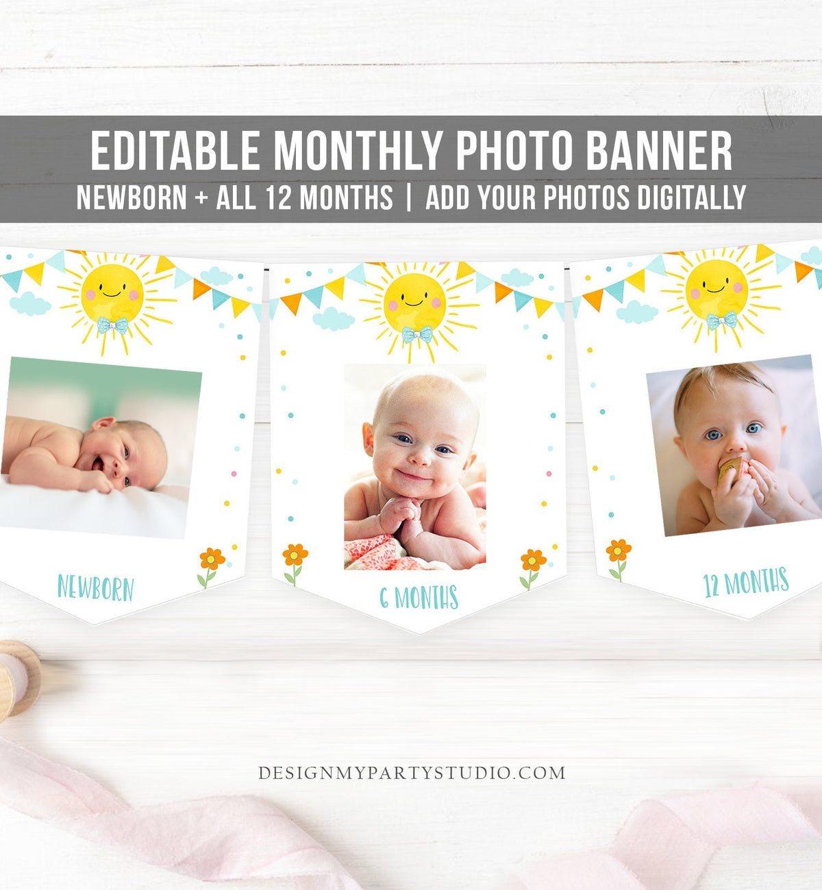 Editable Little Sunshine Monthly Photo Banner First Birthday Banner Boy Blue Bow Tie Sunshine Birthday Decor Summer Corjl Template 0141