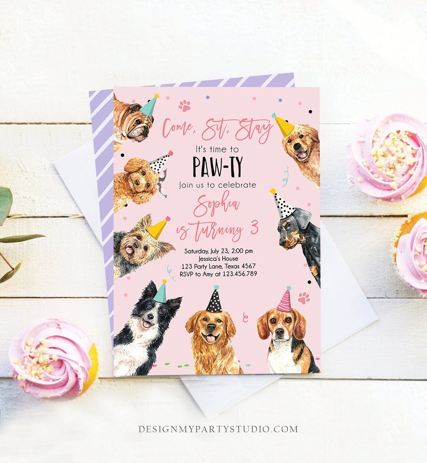 Editable Dog Birthday Party Invitation Puppy Birthday Invite Pink Girl Doggy Shelter Animal Pet Vet Download Printable Template Corjl 0384