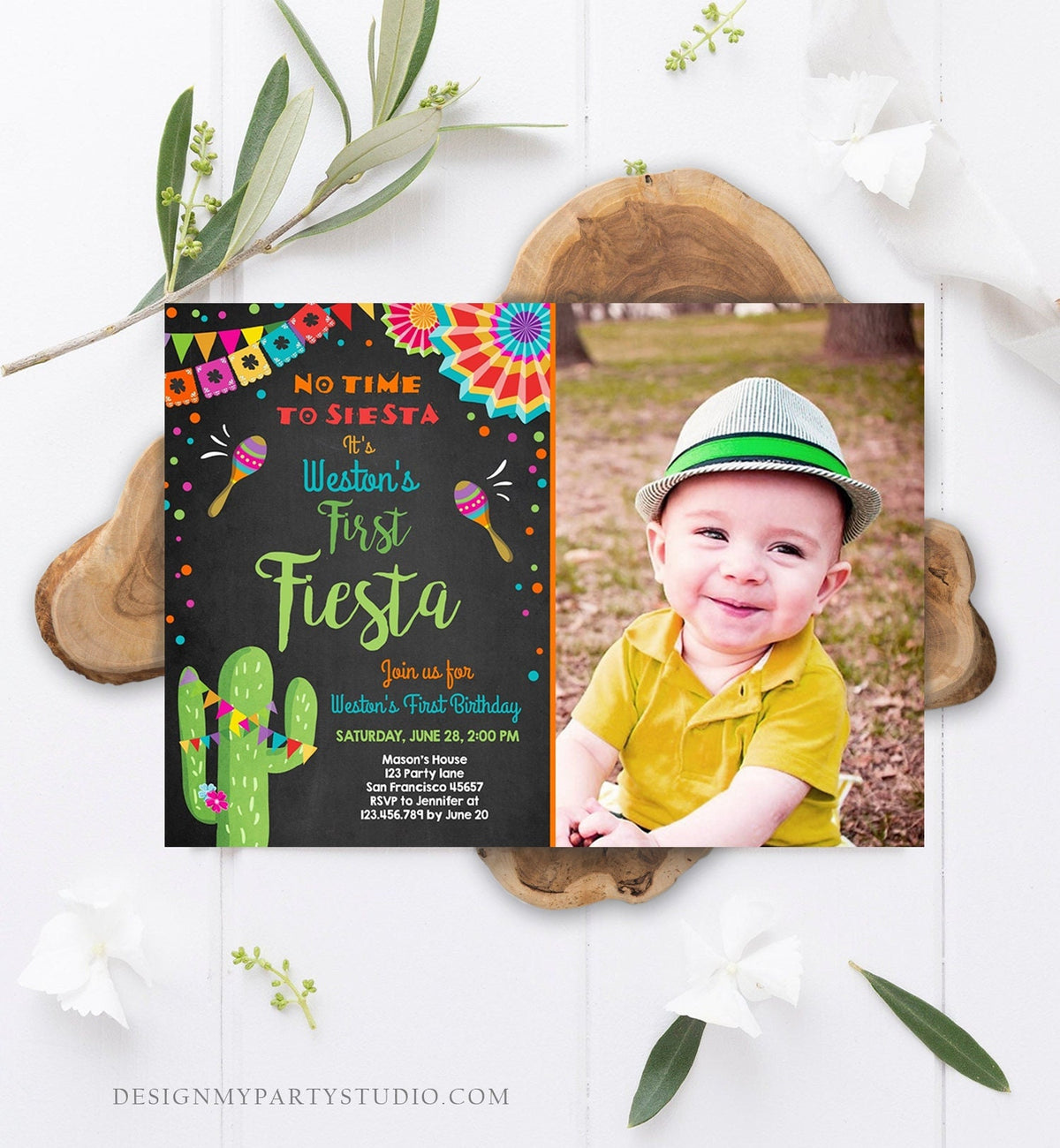 Editable First Fiesta Birthday Invitation Let&#39;s Fiesta No Time To Siesta Cactus Mexican Boy Samba Download Printable Corjl Template 0045