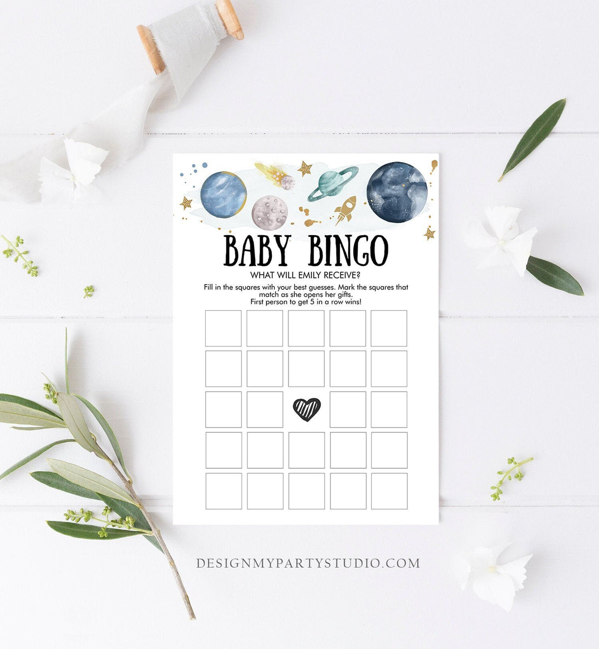 Editable Baby Bingo Baby Shower Game Outer Space Planets Houston We Have a Boy Rocket Gold Neutral Activity Corjl Template Printable 0357