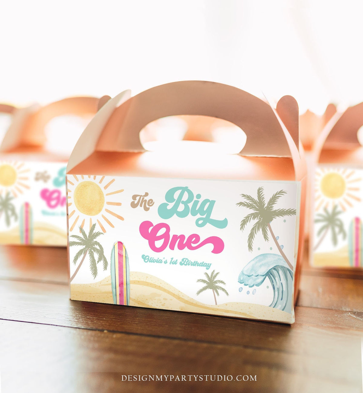 Editable Surf Gable Box Favor Label Surf Birthday Favor Box Label Girl The Big One Retro Surfboard 1st Digital Download Printable Corjl 0433