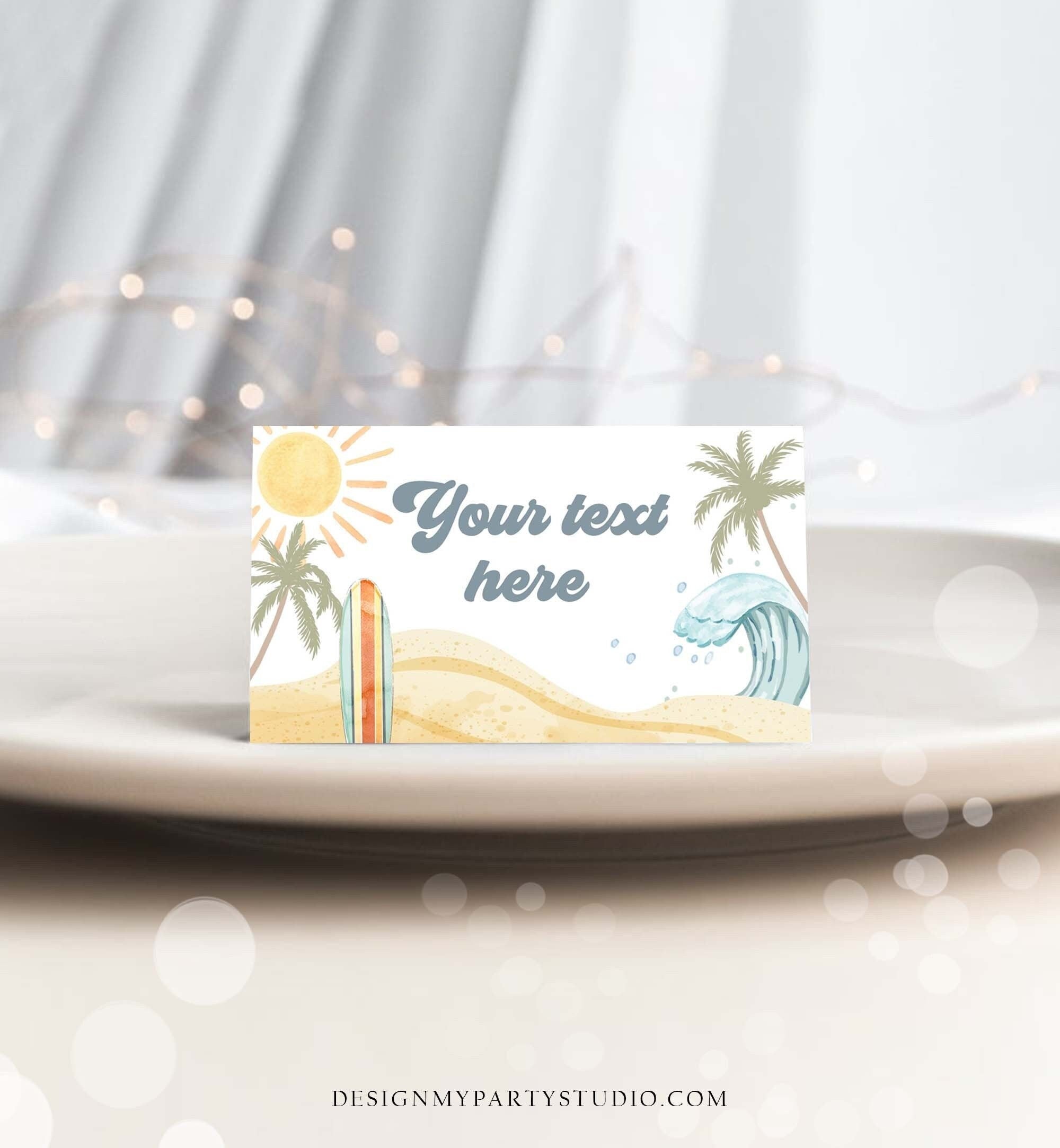 Editable Surf Food Labels Surfboard Birthday Place Card Tent Card Buffet Card Beach Party The Big One Retro Boy Decor Corjl Template 0433