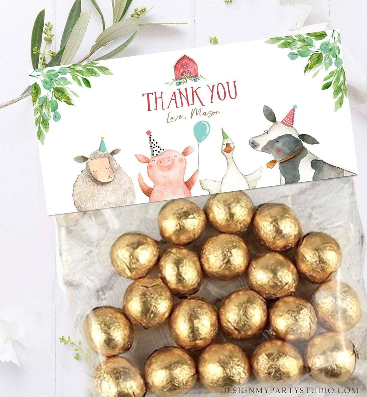 Editable Farm Animals Treat Bag Toppers Farm Birthday Thank you Barnyard Loot Bag Topper Red Farm Boy Template Corjl PRINTABLE 0155