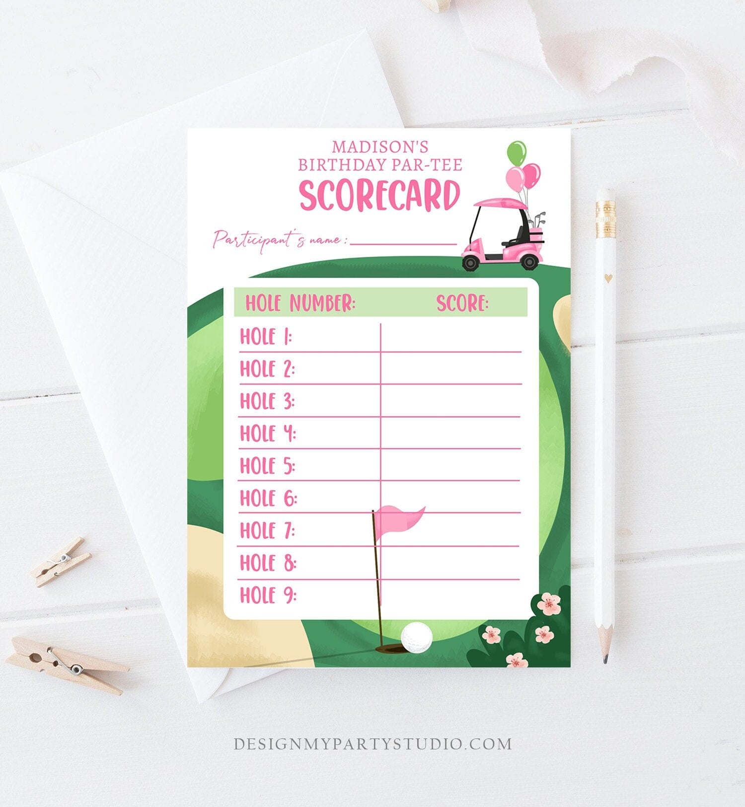 Editable Golf Score Card Birthday Par-tee Game Golfing Girl Pink Golf Baby Shower Activity Download Printable Template Digital Corjl 0405