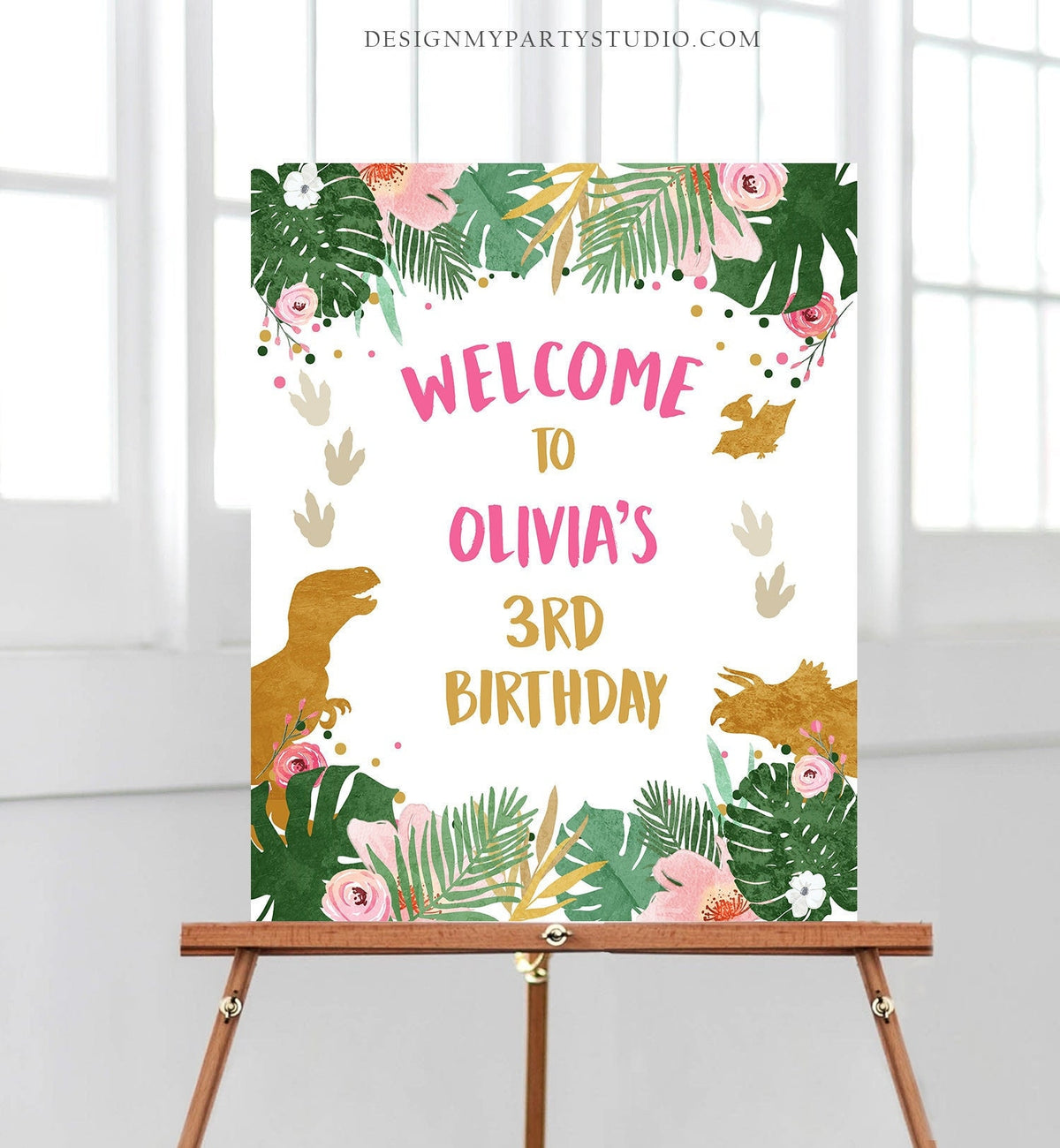 Editable Dinosaur Welcome Sign Girl Pink and Gold Dino Party Dinosaur Birthday Sign Welcome Dinosaur Sign Template PRINTABLE Corjl 0146