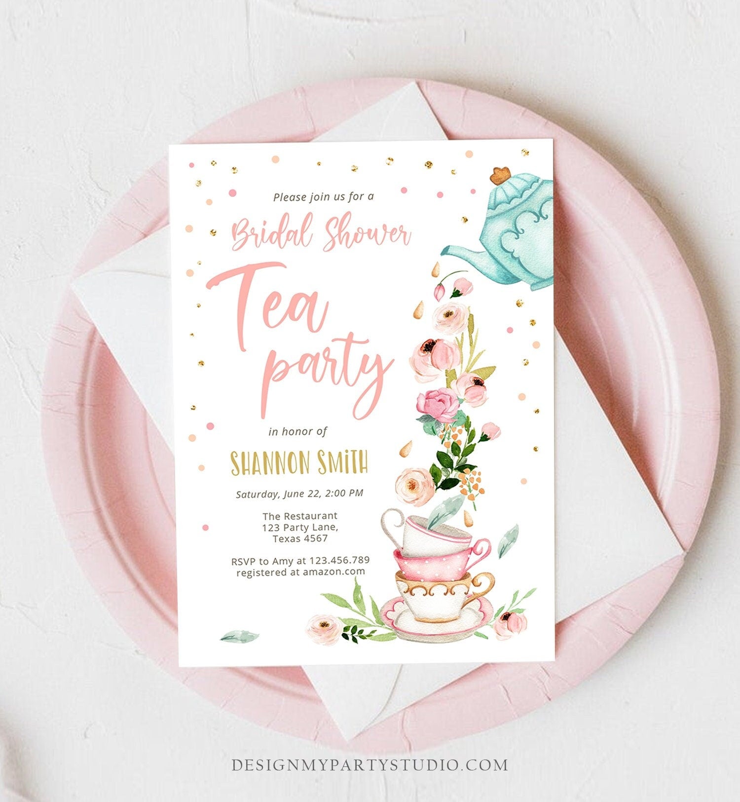 Editable Bridal Shower Tea Party Invitation Bridal Tea Shower Invite Pink Gold Floral Brunch Download Printable Template Corjl Digital 0349