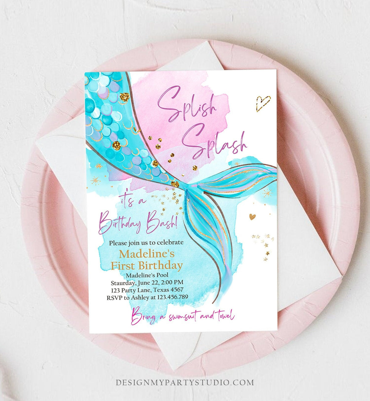 Editable Mermaid Birthday Party Invitation Girl Pink Aqua Blue Gold Mermaid Birthday Under The Sea Download Printable Template Corjl 0403