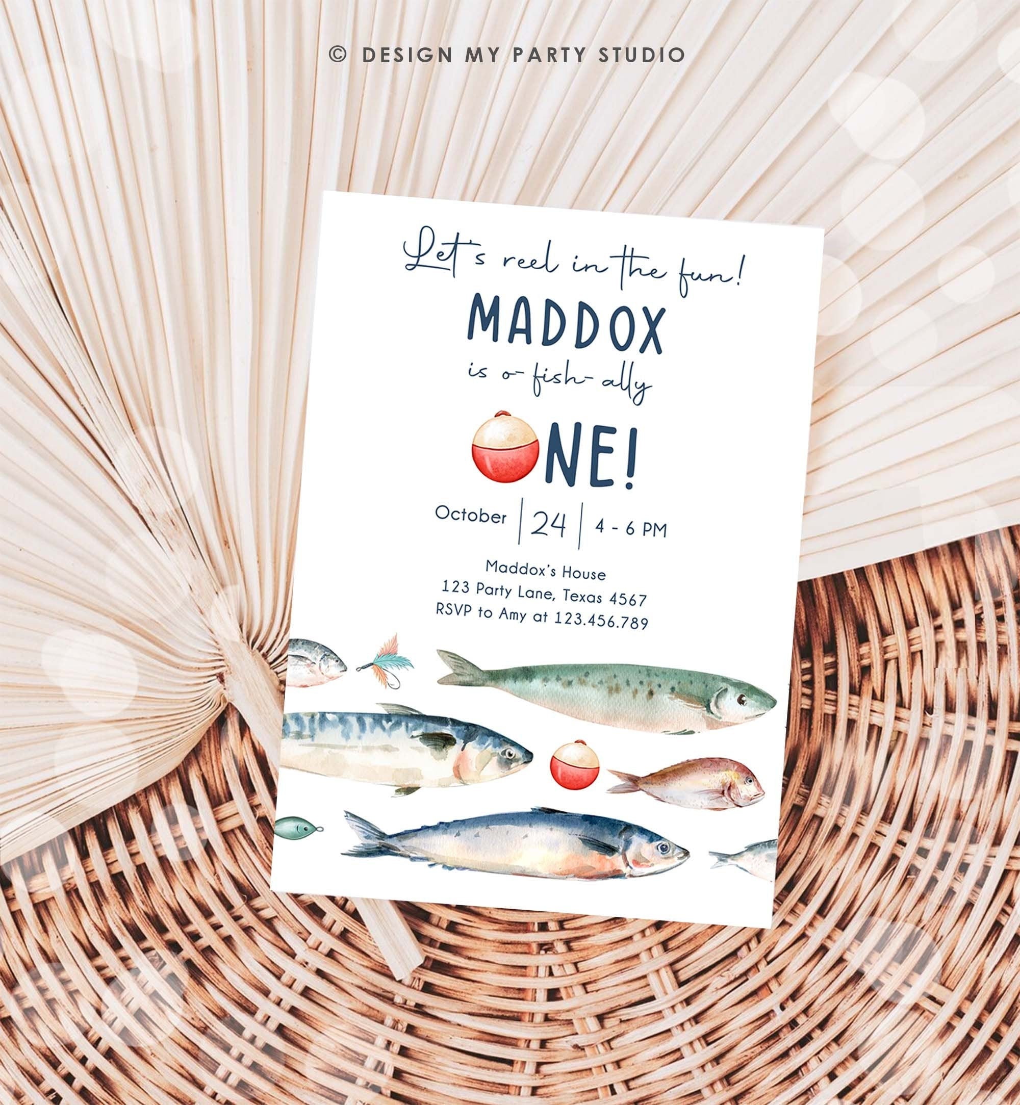 Editable Fishing Birthday Invitation Fishing Party O-Fish-Ally The Big One Gone Fishing Blue Boy Download Printable Template Corjl 0454