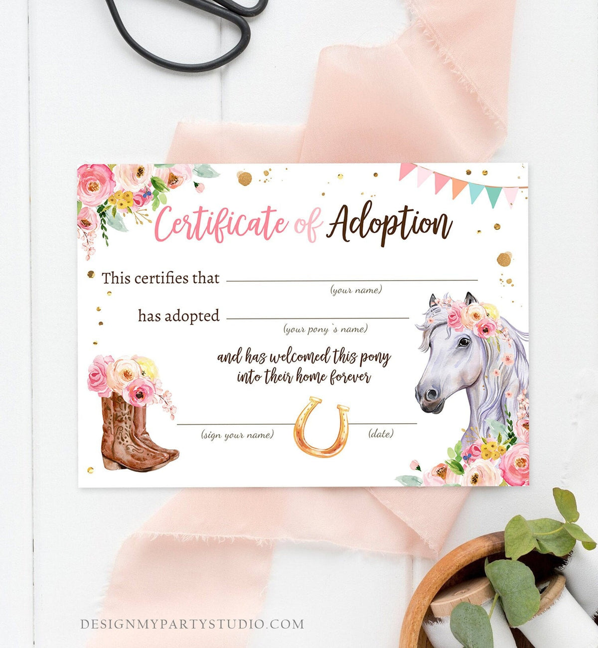 Adopt a Pony Adoption Certificate Horse Adoption Horse Birthday Party Pony Birthday Girl Horseback Riding Download Digital PRINTABLE 0408