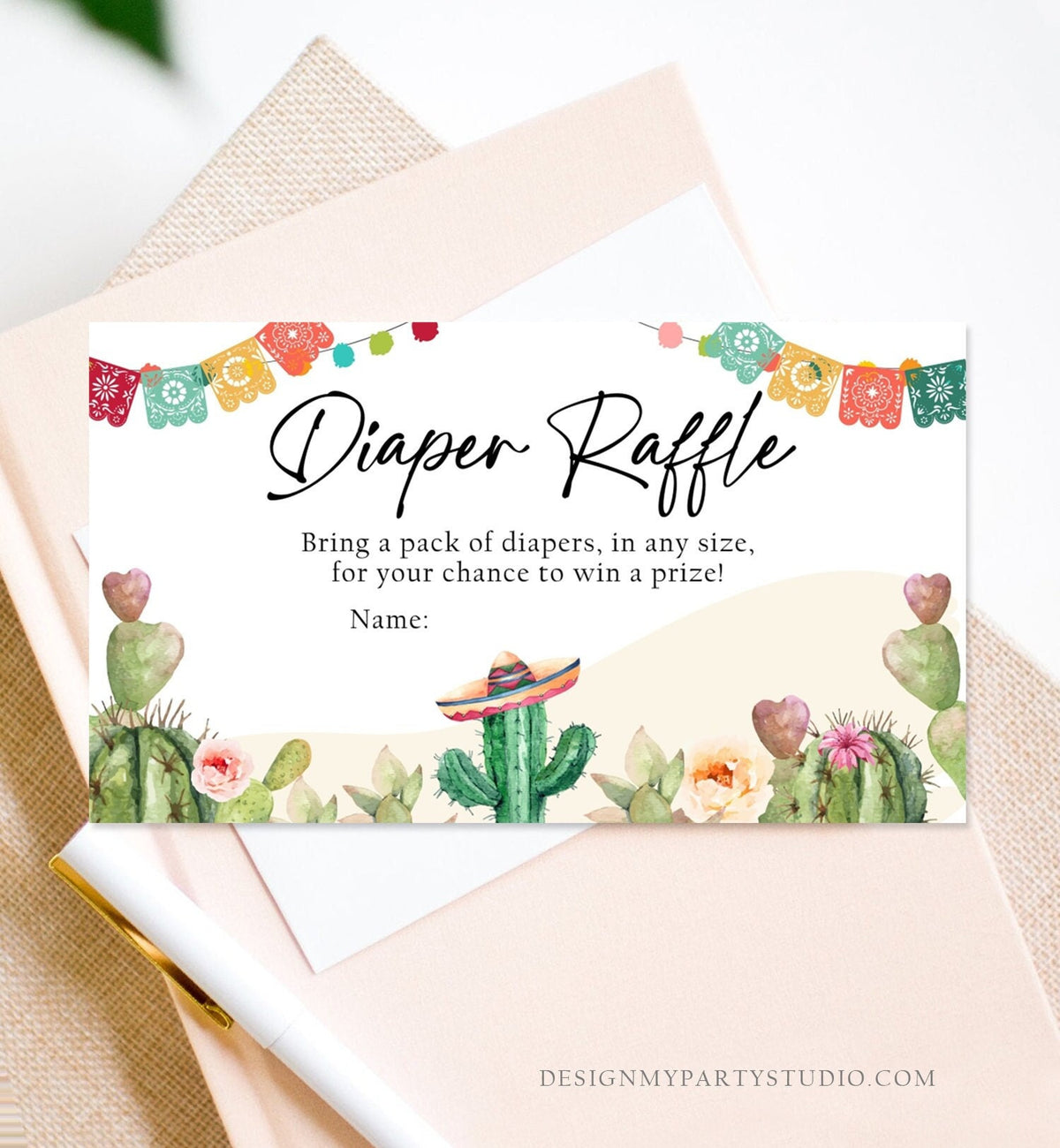 Editable Diaper Raffle Ticket Cactus Fiesta Baby Shower Diaper Game Succulent Diaper Ticket Watercolor Game Corjl Template Printable 0404