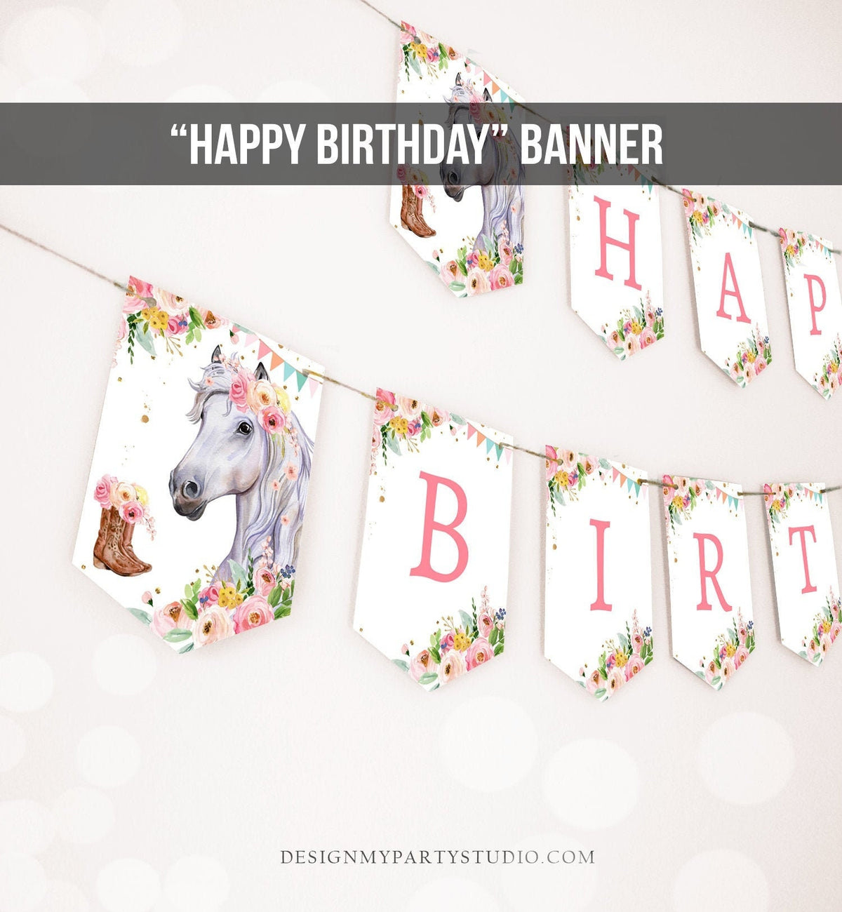 Happy Birthday Banner Horse Birthday Banner Saddle Up Watercolor Cowgirl Party Girl Pony Birthday Decor Download PRINTABLE DIGITAL DIY 0408