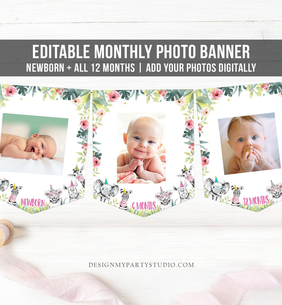 Editable Monthly Photo Banner First Birthday Banner Party Animals Safari Animals Banner Zoo Wild One Confetti Corjl Template Printable 0322