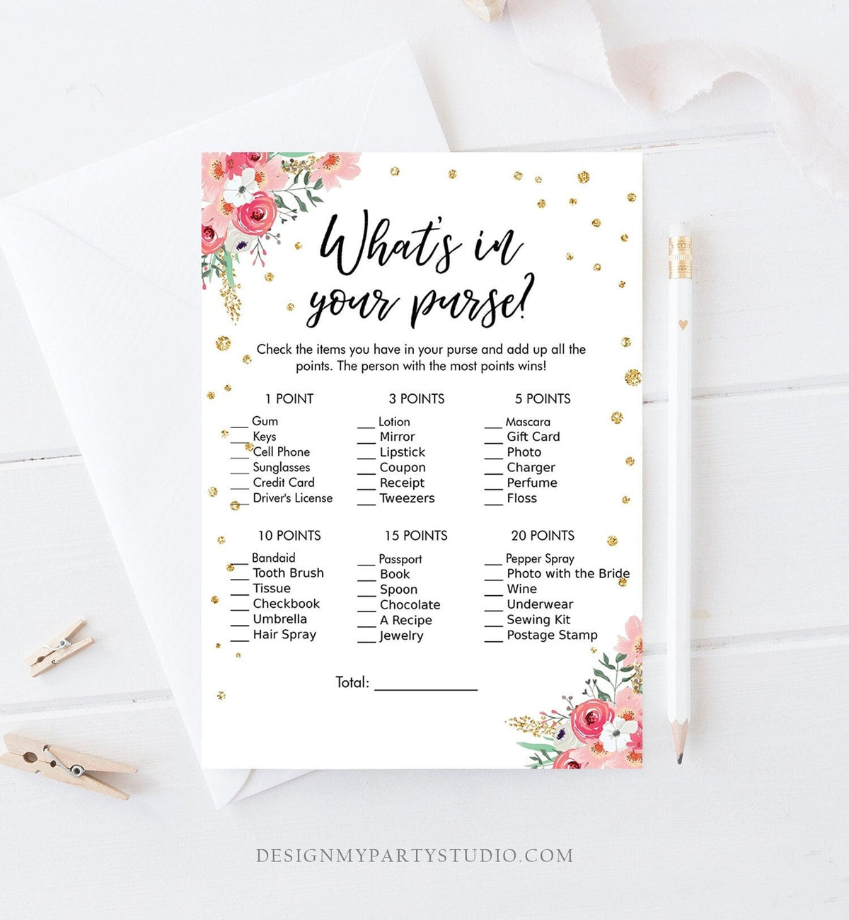 Editable What&amp;#39;s in Your Purse Bridal Shower Game Wedding Shower Activity Pink Floral Gold Confetti Flowers Corjl Printable 0030 0318