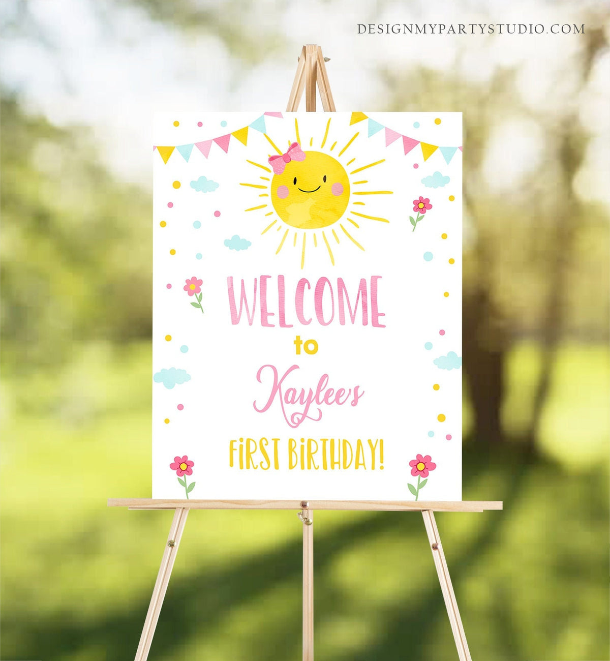 Editable Sunshine Welcome Sign Little Sunshine Birthday Party Pink Girl Lemonade and Fun Lemonade Stand Summer Template PRINTABLE Corjl 0141