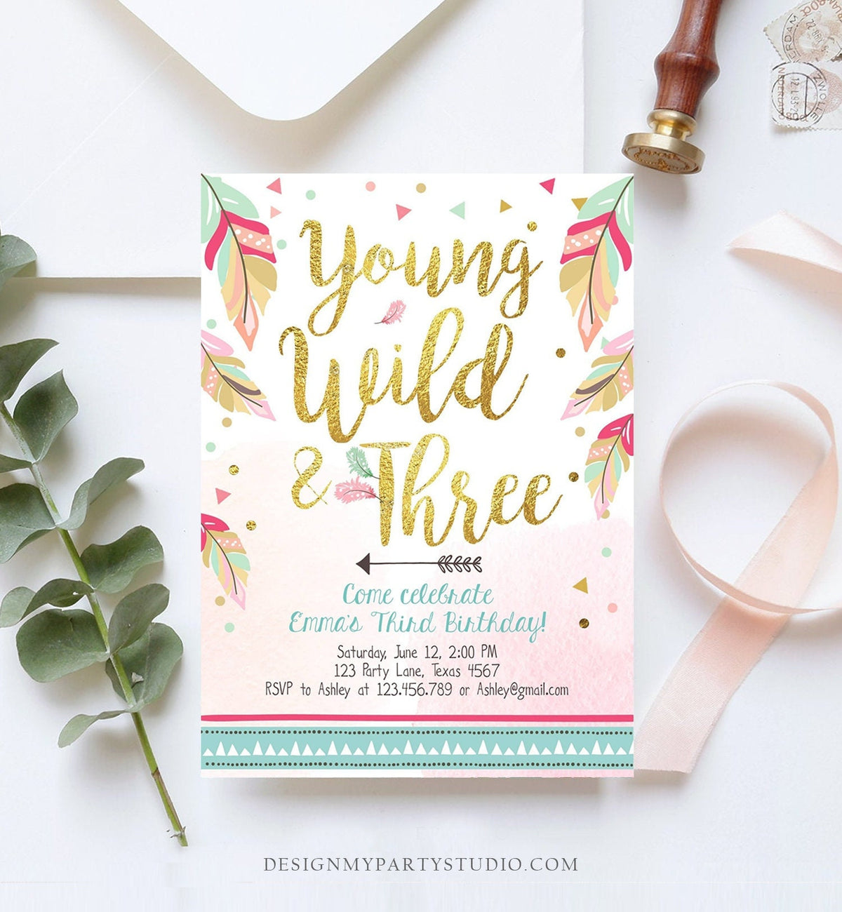 Editable Young Wild and Three Invitation Tribal Boho Feathers Girl Pink Gold Third 3rd Birthday Download Corjl Template Printable 0038