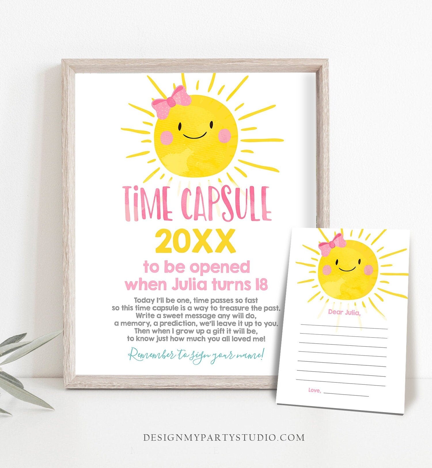 Editable Sunshine Time Capsule First Birthday Party Little Sunshine Pink Bow Girl Birthday Summer Guestbook Template Printable Corjl 0141