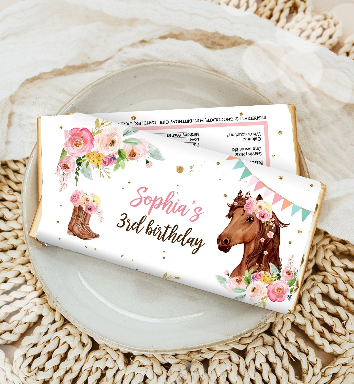 Editable Horse Chocolate Bar Labels Candy Bar Wrapper Horse Birthday Cowgirl Floral Girl Saddle Up Download Corjl Template Printable 0408