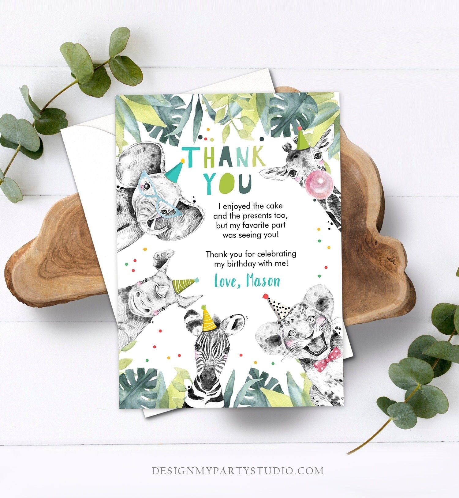 Editable Thank You Card Safari Animals Wild One Two Wild Thank You Note Boy Blue Gold Jungle Zoo Party Animals Corjl Template Digital 0322