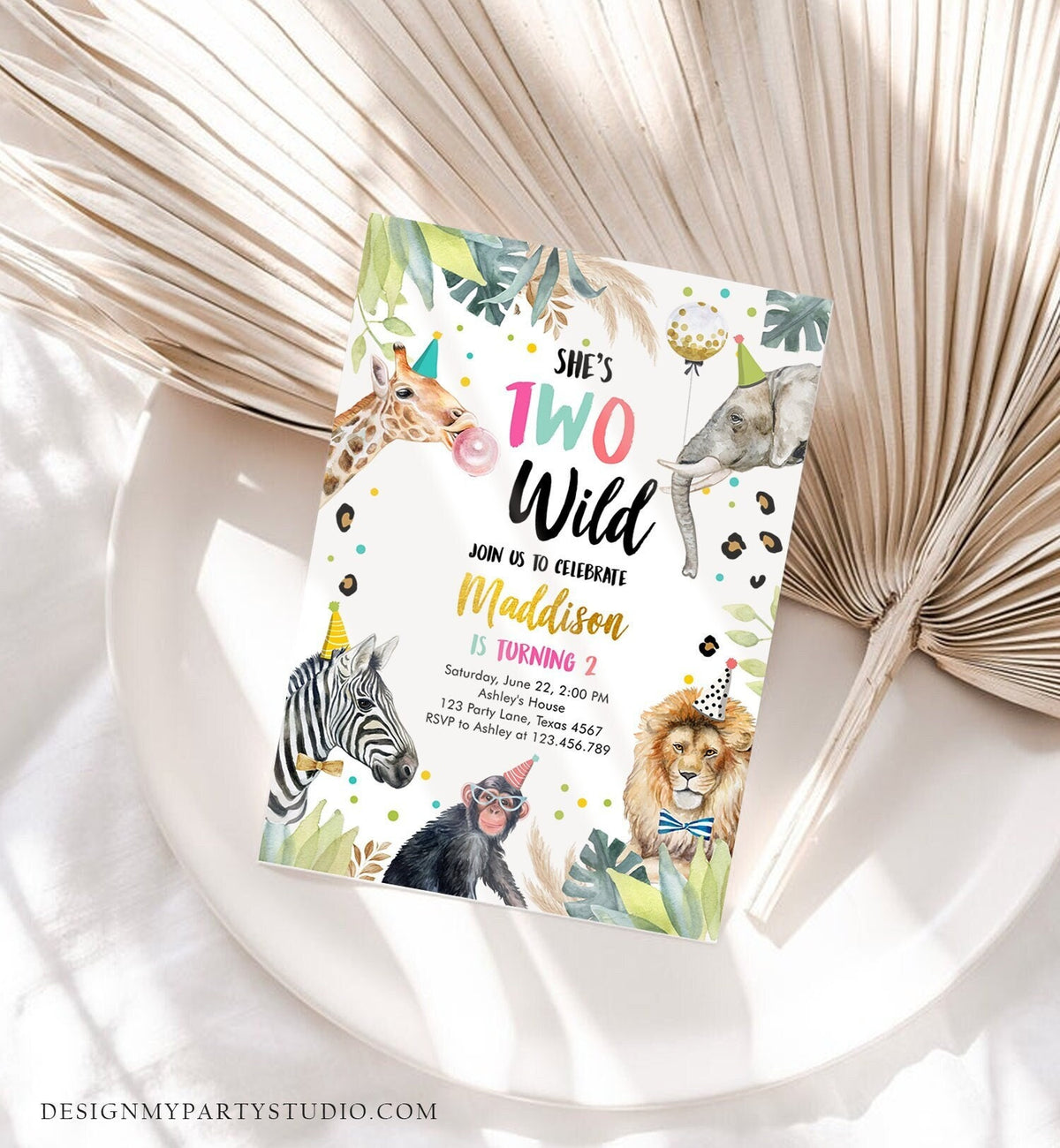 Editable Two Wild Birthday Invitation Girl Safari Animals Part Animals Pink Gold Safari Zoo Digital Download Corjl Template Printable 0417