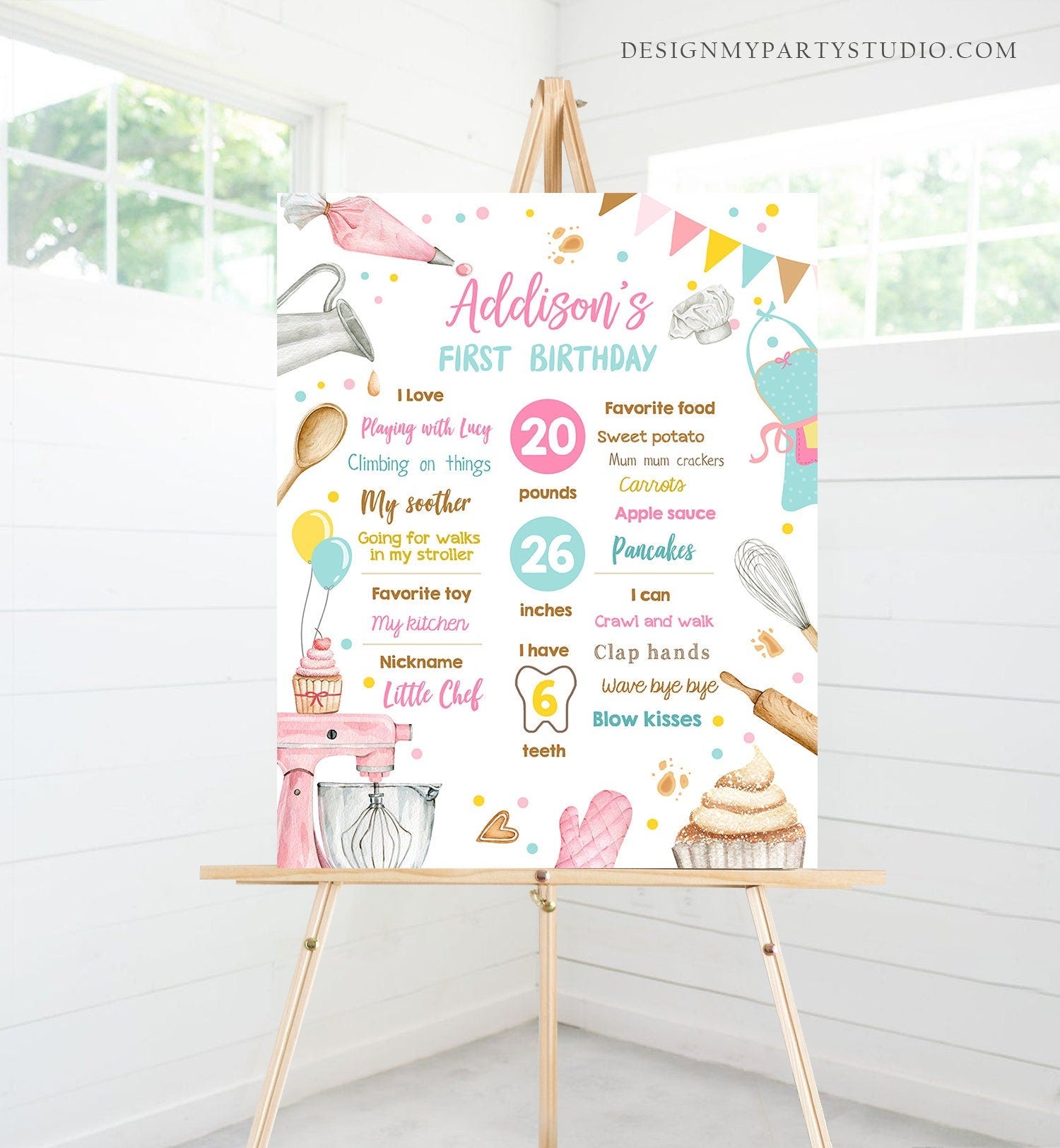 Editable Little Chef Birthday Milestones Sign ANY AGE 1st Birthday Baking Birthday Cooking Cupcake Decorating Template Printable Corjl 0364