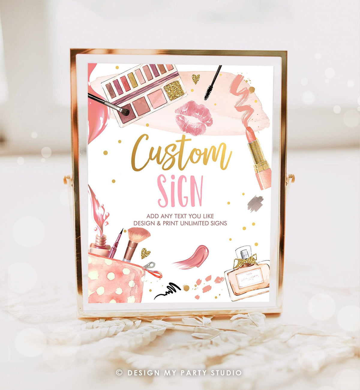 Editable Custom Sign Spa Party Sign Makeup Party Pink Gold Girl Teen Birthday Glitters and Glamour Table 8x10 Corjl Template Printable 0420