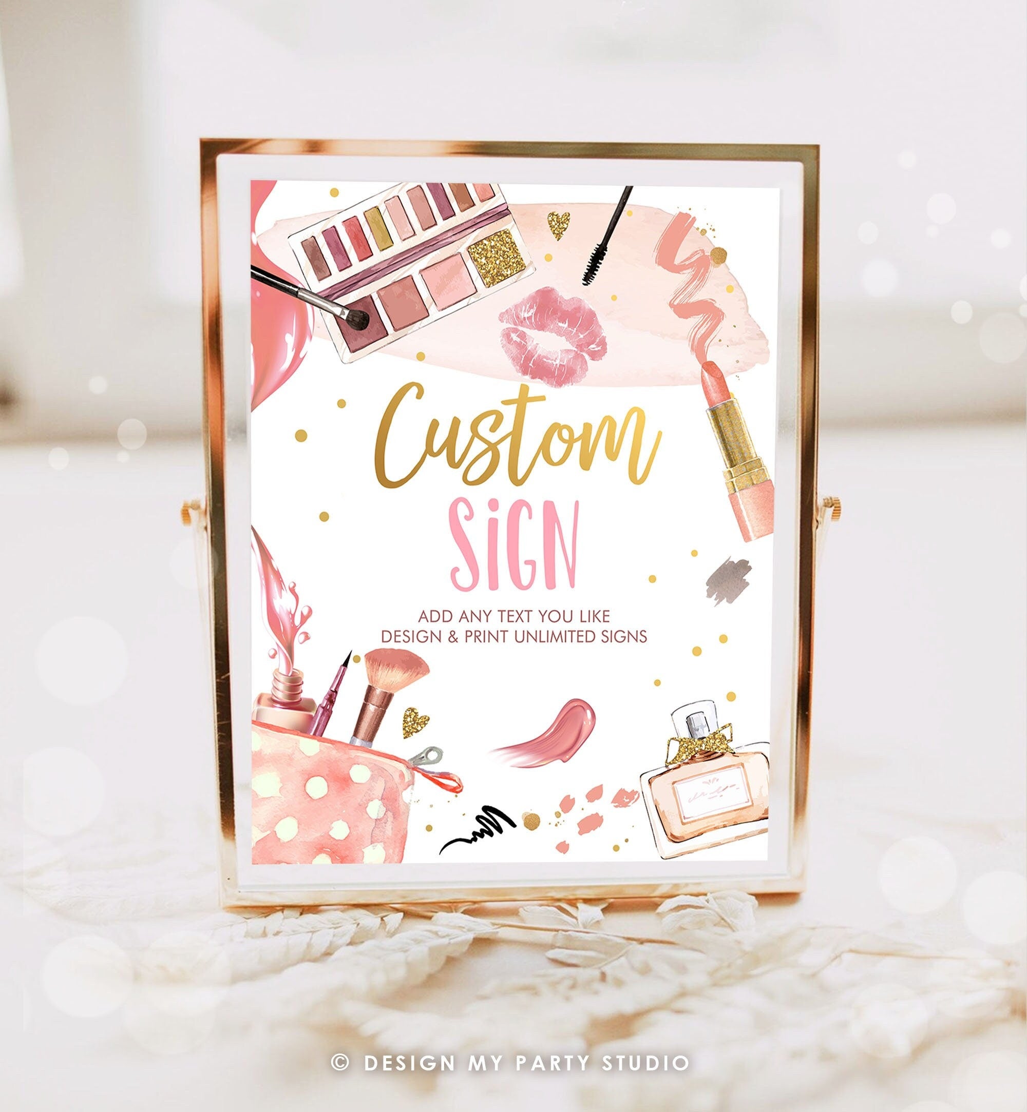 Editable Custom Sign Spa Party Sign Makeup Party Pink Gold Girl Teen Birthday Glitters and Glamour Table 8x10 Corjl Template Printable 0420