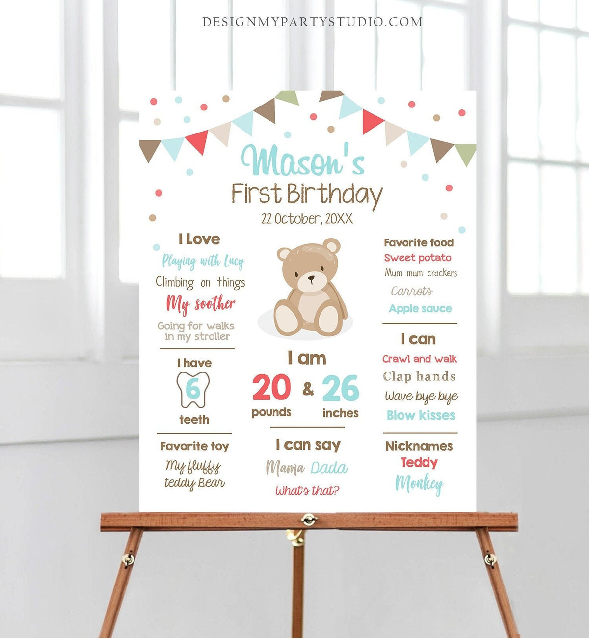 Editable Teddy Bear Birthday Milestones Sign Teddy Bear Picnic Birthday First Birthday Boy Little Cub Download Corjl Template Printable 0100