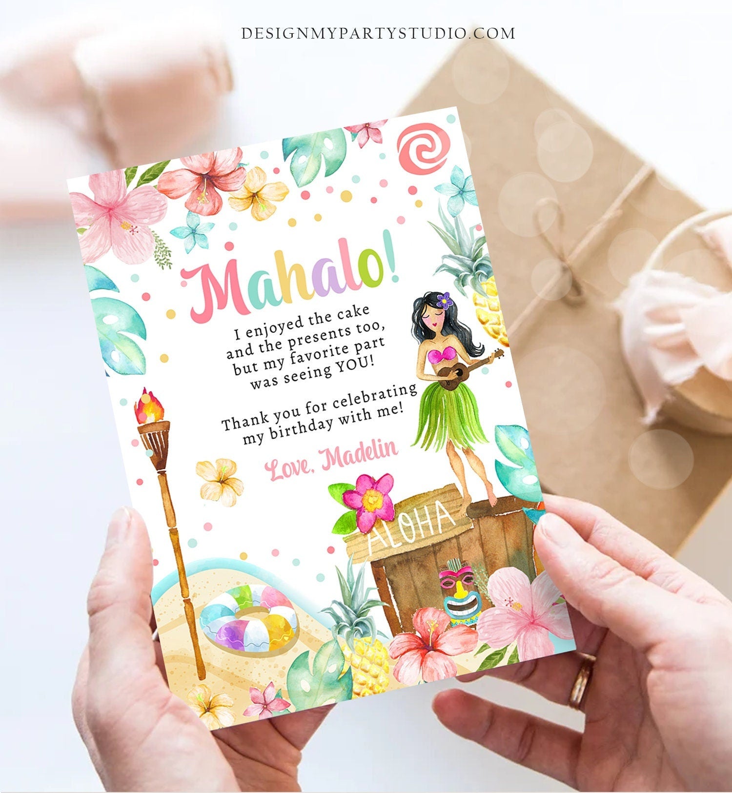 Editable Luau Birthday Thank You Card Girl Hawaiian Birthday Thank You Note Tropical Luau Party Download Template Digital Corjl 0413