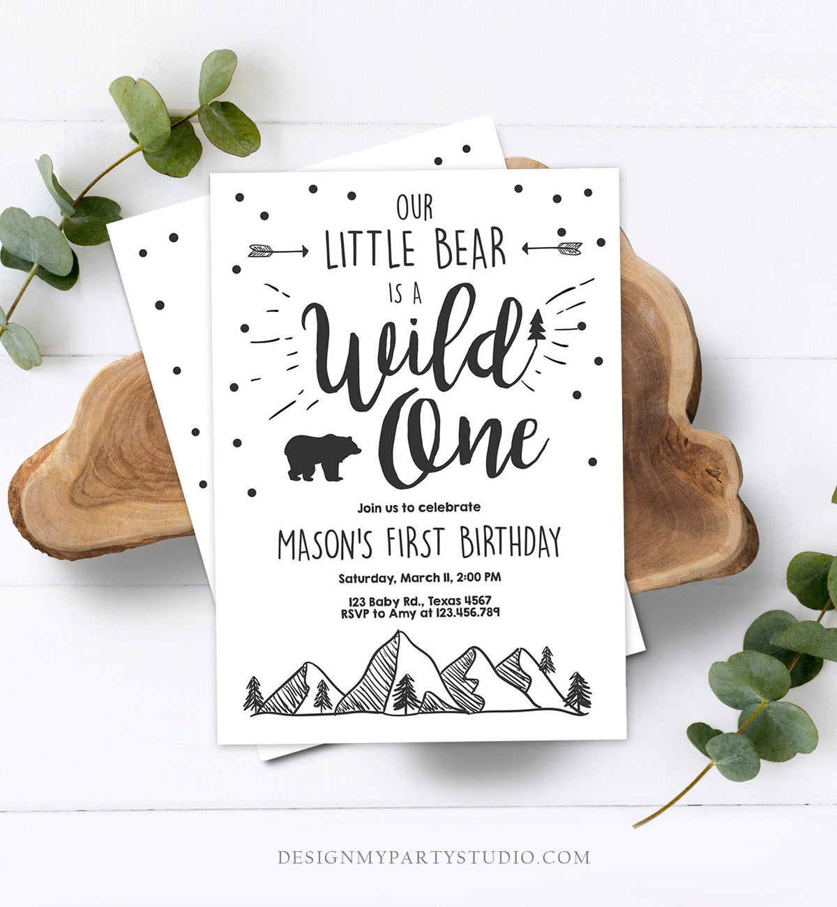 Editable Wild One Adventure First Birthday Invitation Little Bear Wild Things Boy Mountains Outdoor Download Corjl Template Printable 0083