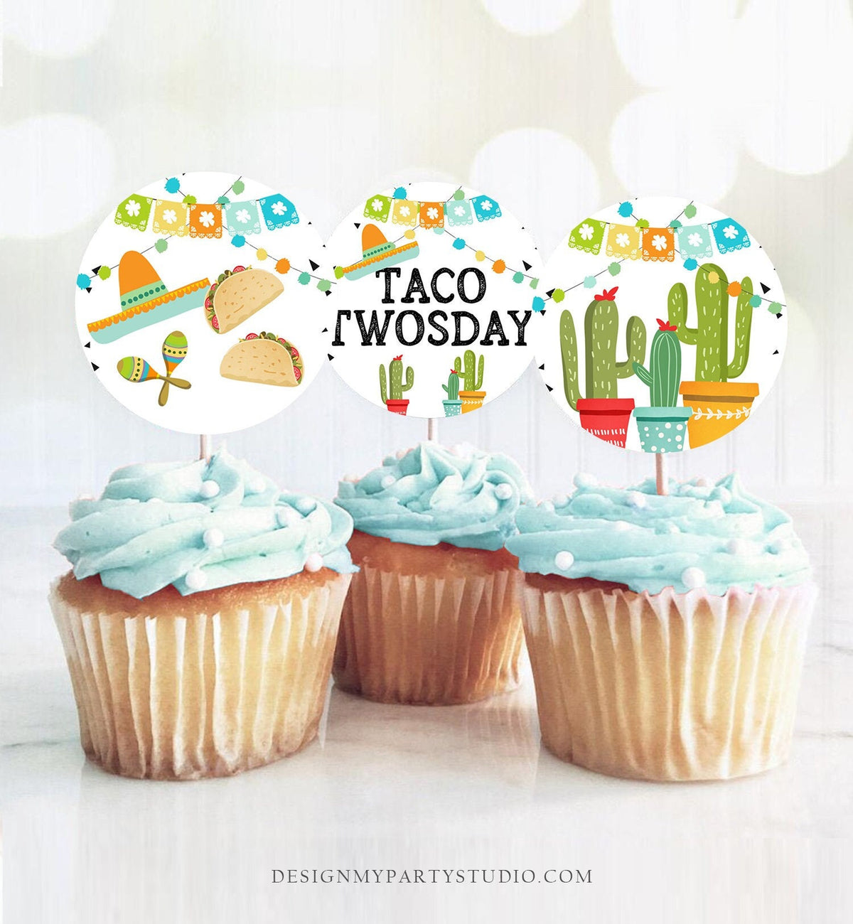 Taco Twosday Fiesta Cupcake Toppers Favor Tag Sticker Second Birthday Party Decoration Fiesta Mexican Cactus Instant Download Printable 0161