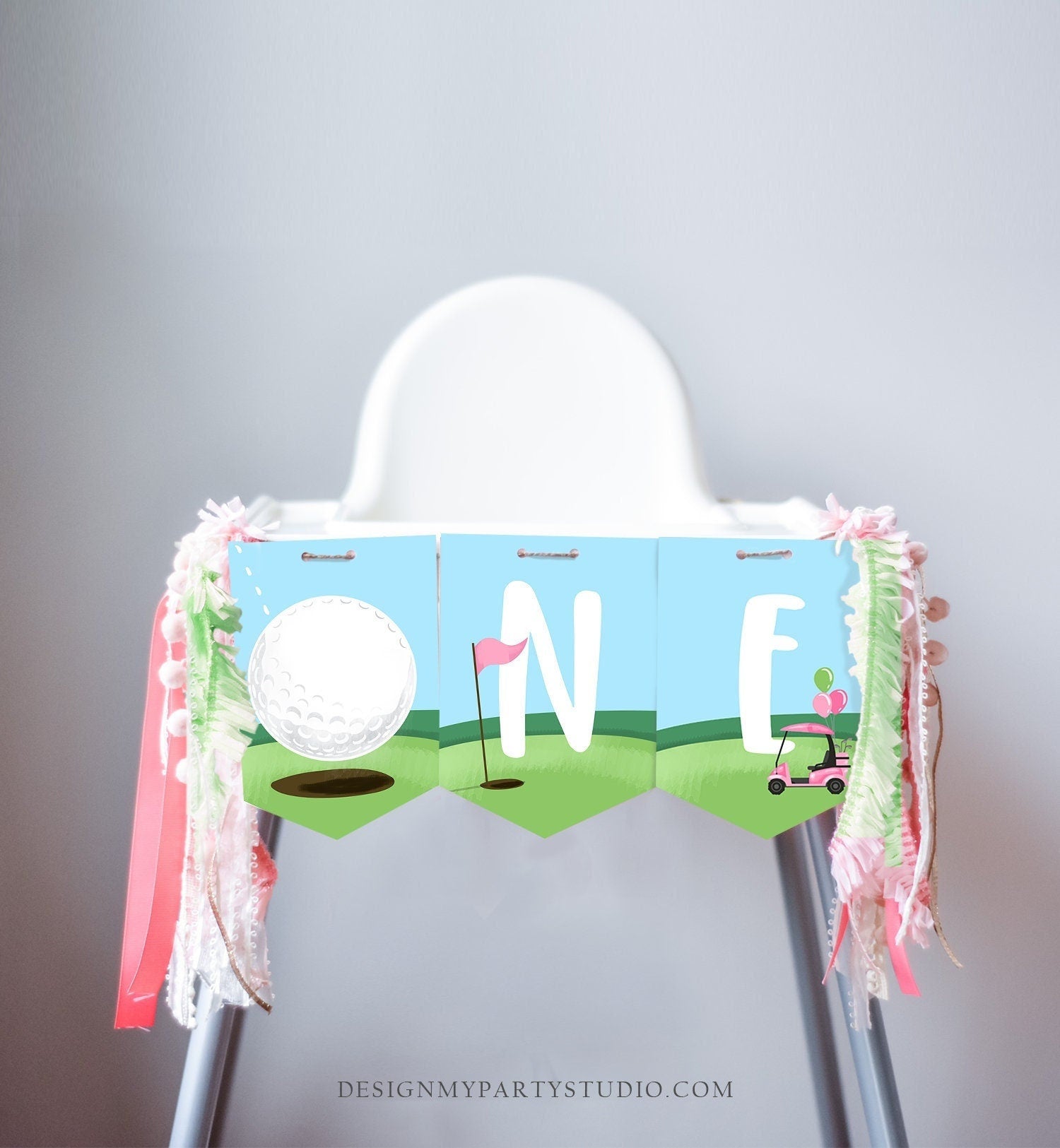 Golf High Chair Banner Hole in One 1st First Birthday Girl Pink High Chair ONE Banner Party Par-tee Golfing Download PRINTABLE Digital 0405