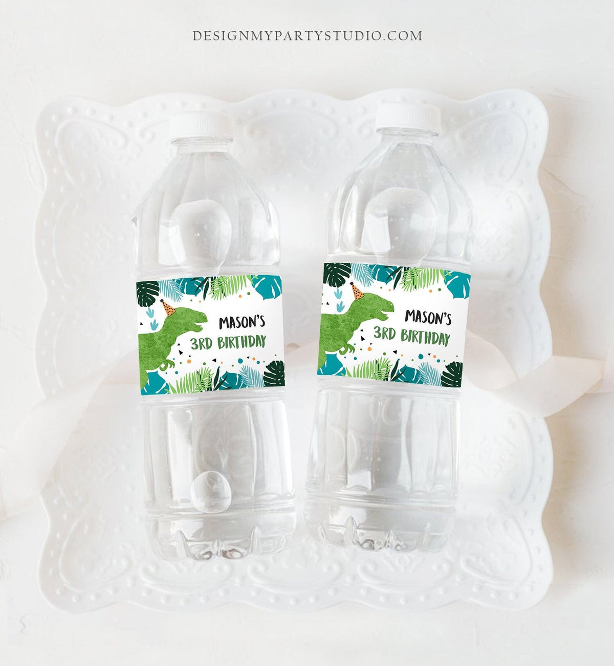 Editable Dinosaur Water Bottle Labels Dinosaur Birthday T-Rex Dino Birthday Decor Green Blue Prehistoric Dino Printable Template Corjl 0389