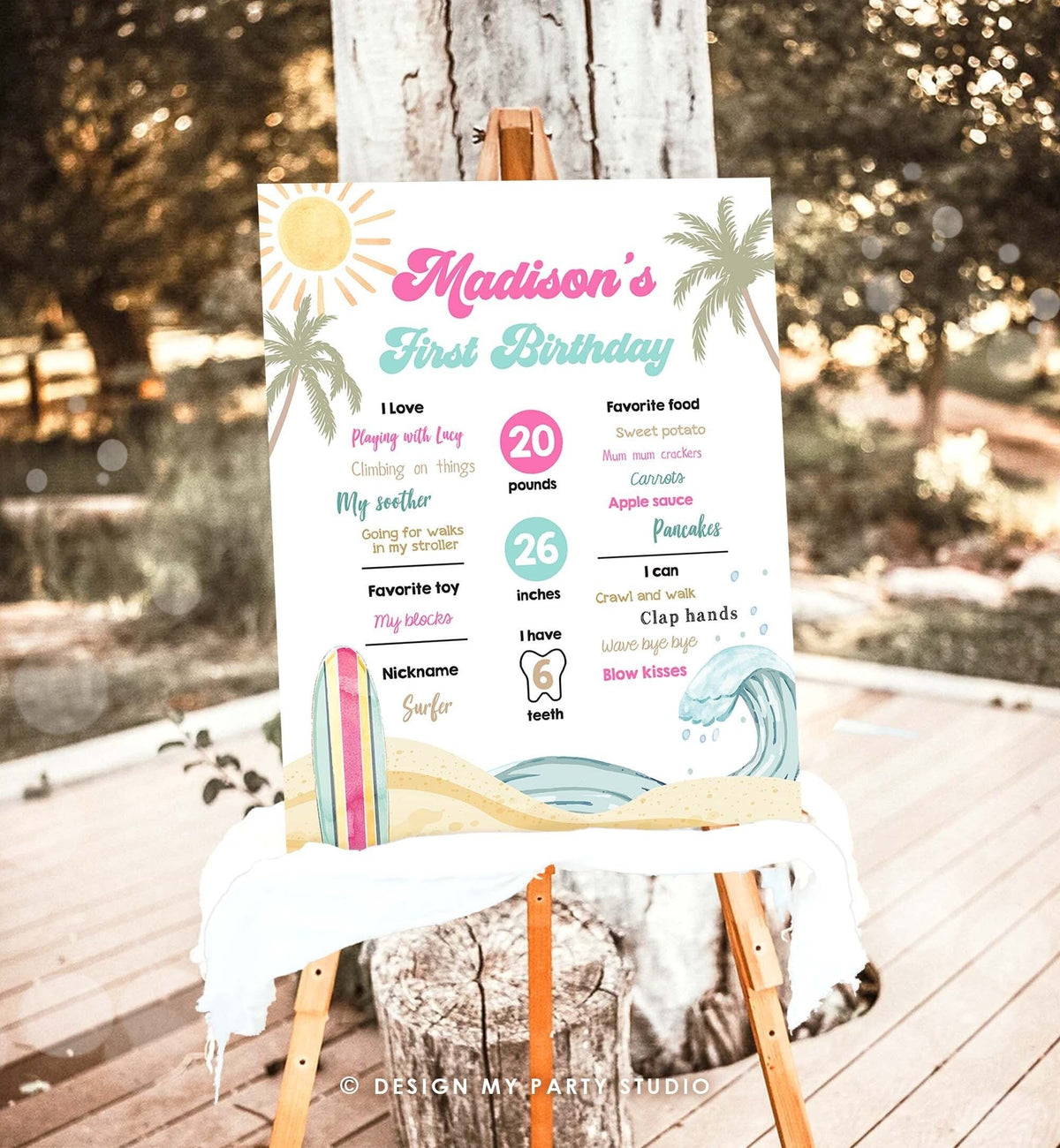 Editable Surf Birthday Milestones Sign Girl Big One Summer Party Surfing Board Groovy Retro Beach 1st Party Template Printable Corjl 0433