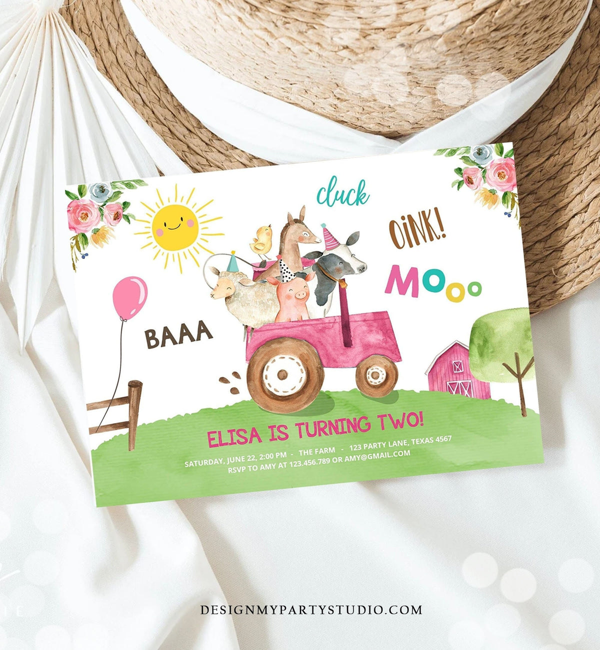 Editable Farm Birthday Invitation Girl Farm Animals Pink Tractor Barnyard Party Tractor Digital Download Corjl Template Printable 0155