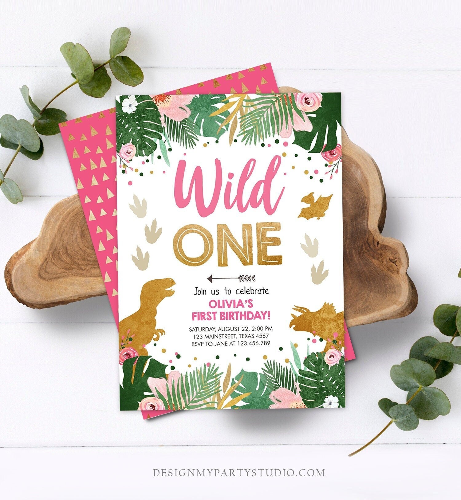 Editable Wild One Birthday Invitation Dinosaur Dino Party Girl 1st First Birthday Pink Gold Born to be Wild Corjl Template Printable 0146