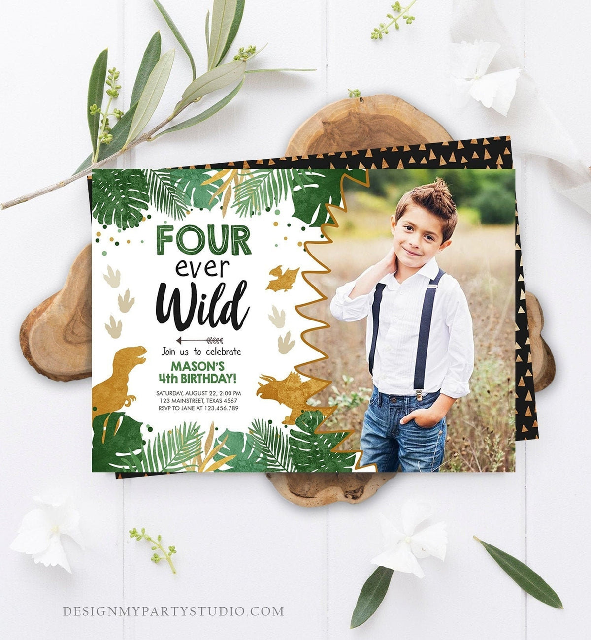 Editable Four Ever Wild Birthday Invitation Dinosaur Dino Party Boy 4th Fourth Birthday Green Gold Fourever Corjl Template Printable 0146