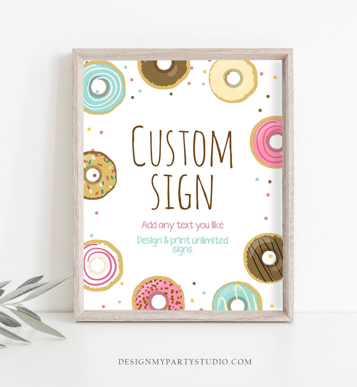 Editable Donut Sign Birthday Bridal Shower Baby Shower Wedding Pink Girl Teal Table Bar Custom Sign Doughnut Sweet Corjl Template 0050