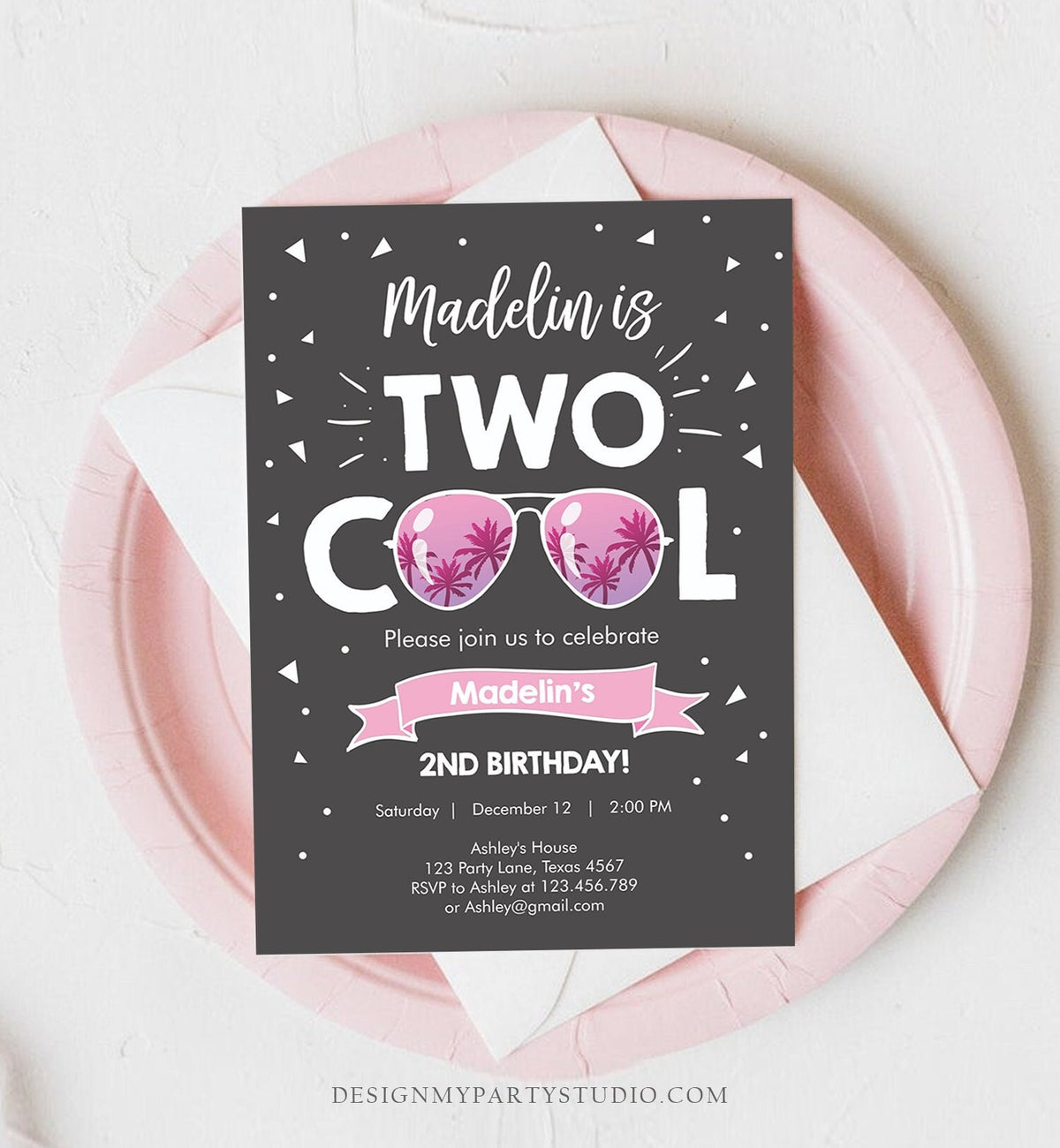 Editable Two Cool Birthday Invitation Girl Second Birthday Party 2nd I&#39;m this Many Two Cool Pink Sunglasses Printable Corjl Template 0136