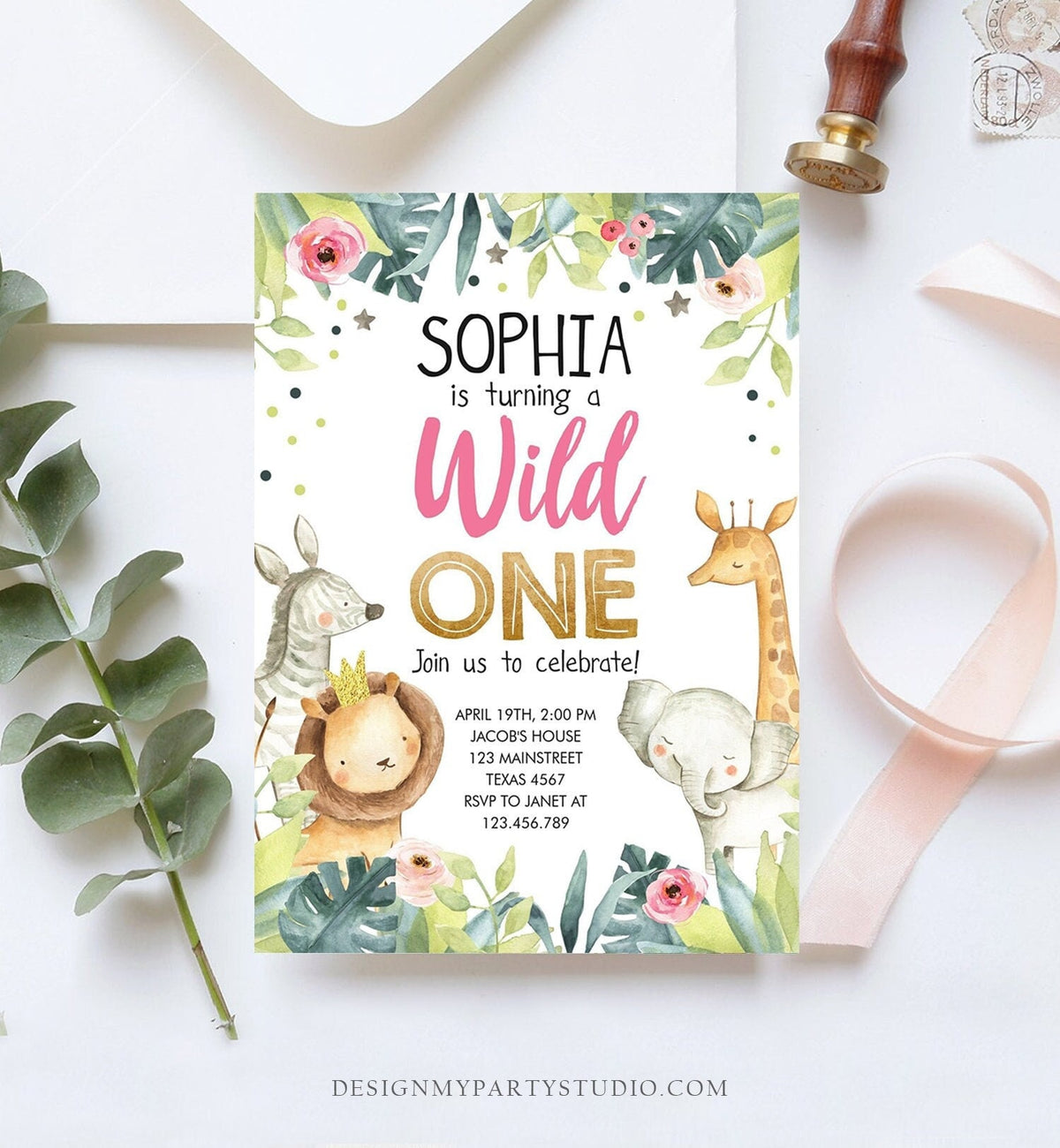 Editable Wild One Birthday Invitation Girl Party Animals Safari Animals Pink Gold Watercolor Digital Download Corjl Template Printable 0163