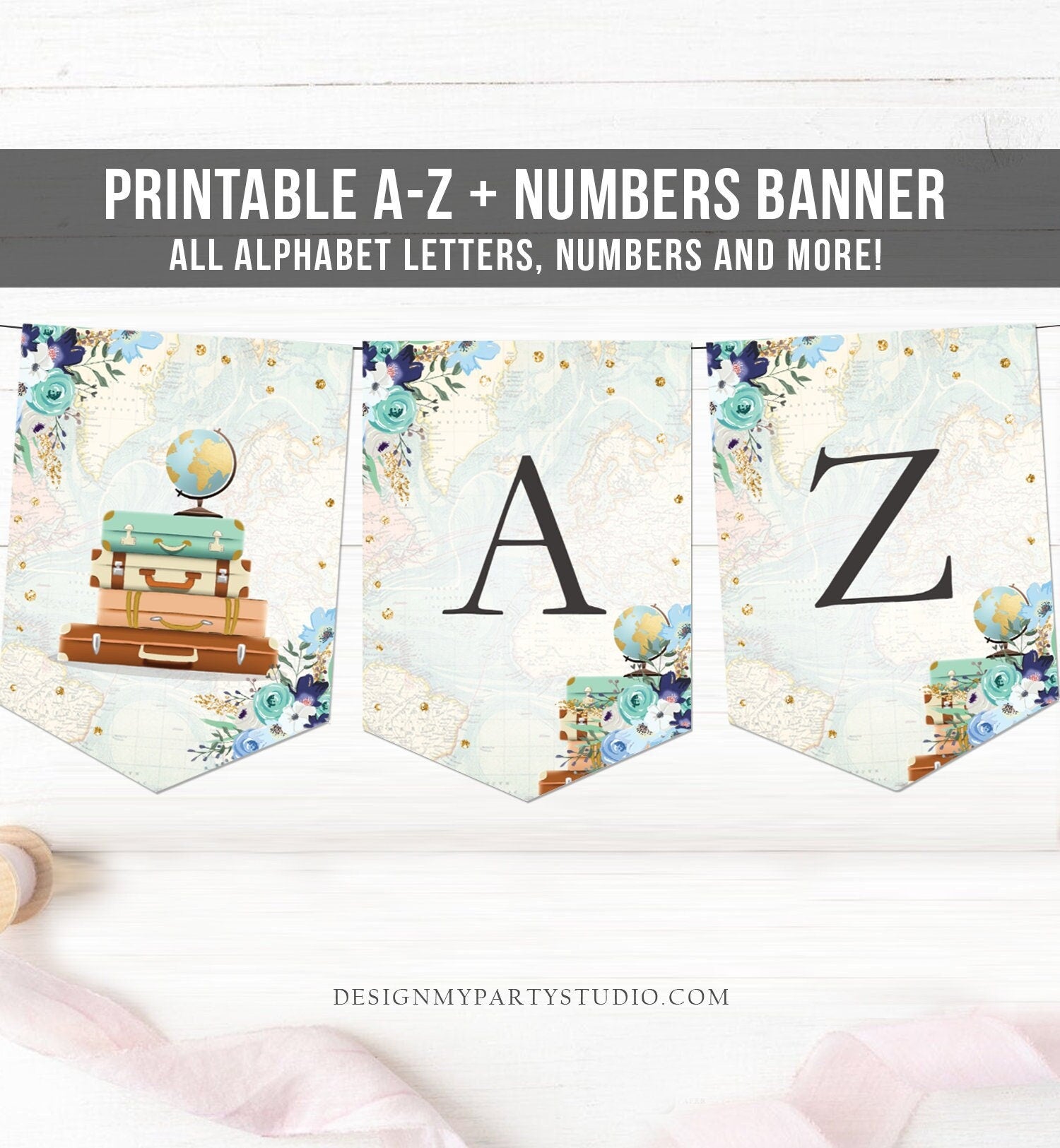 Travel Adventure A-Z Banner Bridal Shower Traveling to Mrs Baby Shower Wedding Numbers Blue Floral Gold Banner Decor Download Printable 0030