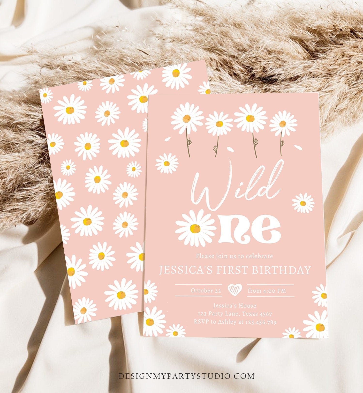 Editable Daisy Birthday Party Invitation Wild One Floral Girl Boho Pink First Birthday 1st Digital Download Template Corjl Printable 0410