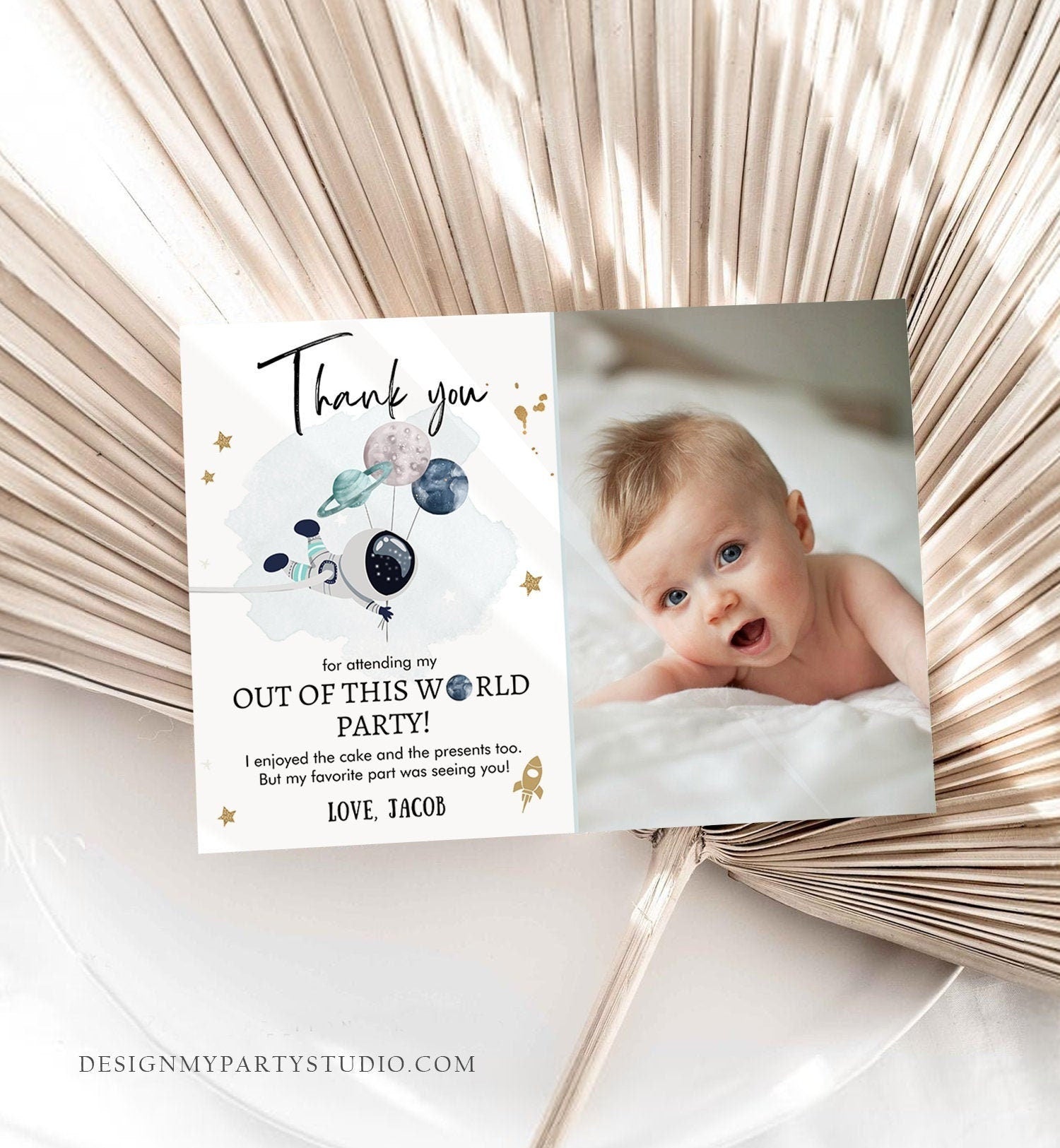 Editable Space Birthday Thank You Card Space Astronaut Galaxy Thank You Note Planets Boy Blue Download Printable Template Digital Corjl 0366