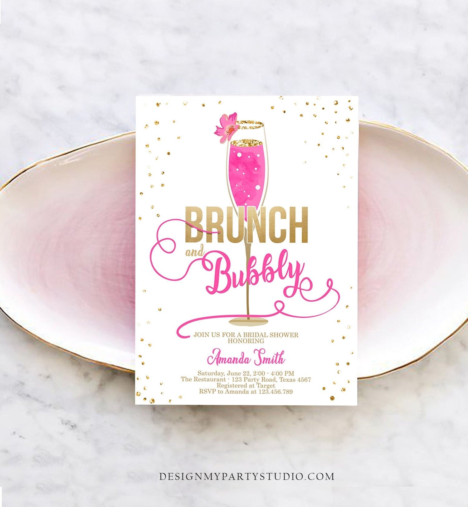 Editable Brunch and Bubbly Bridal Shower Invitation Floral Champagne Gold Hot Pink Wedding Download Printable Template Digital Corjl 0150