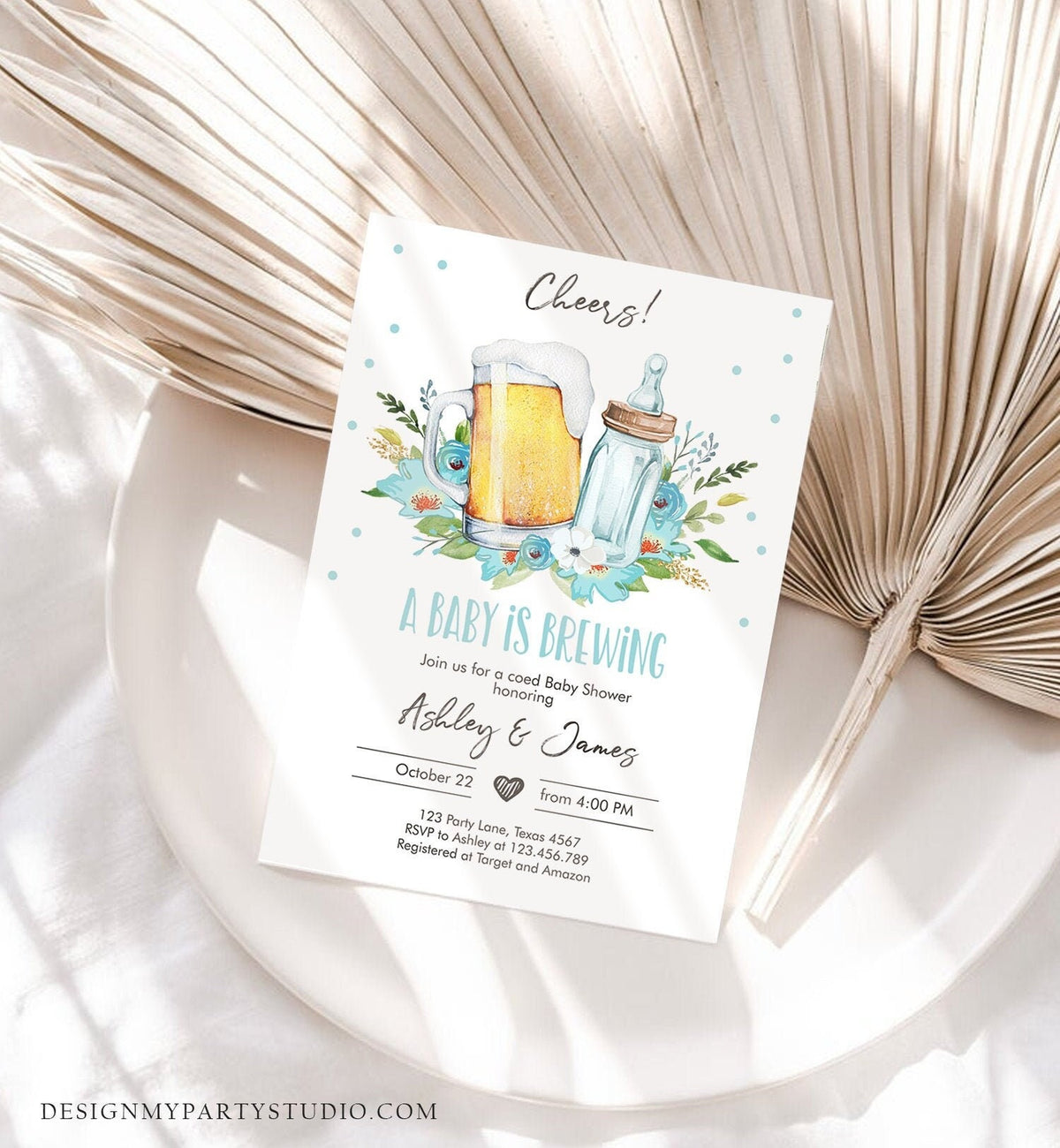 Editable A Baby is Brewing Invitation Bottle and Beers Baby Shower Boy Cheers Coed Couples Shower Download Printable Template Corjl 0190