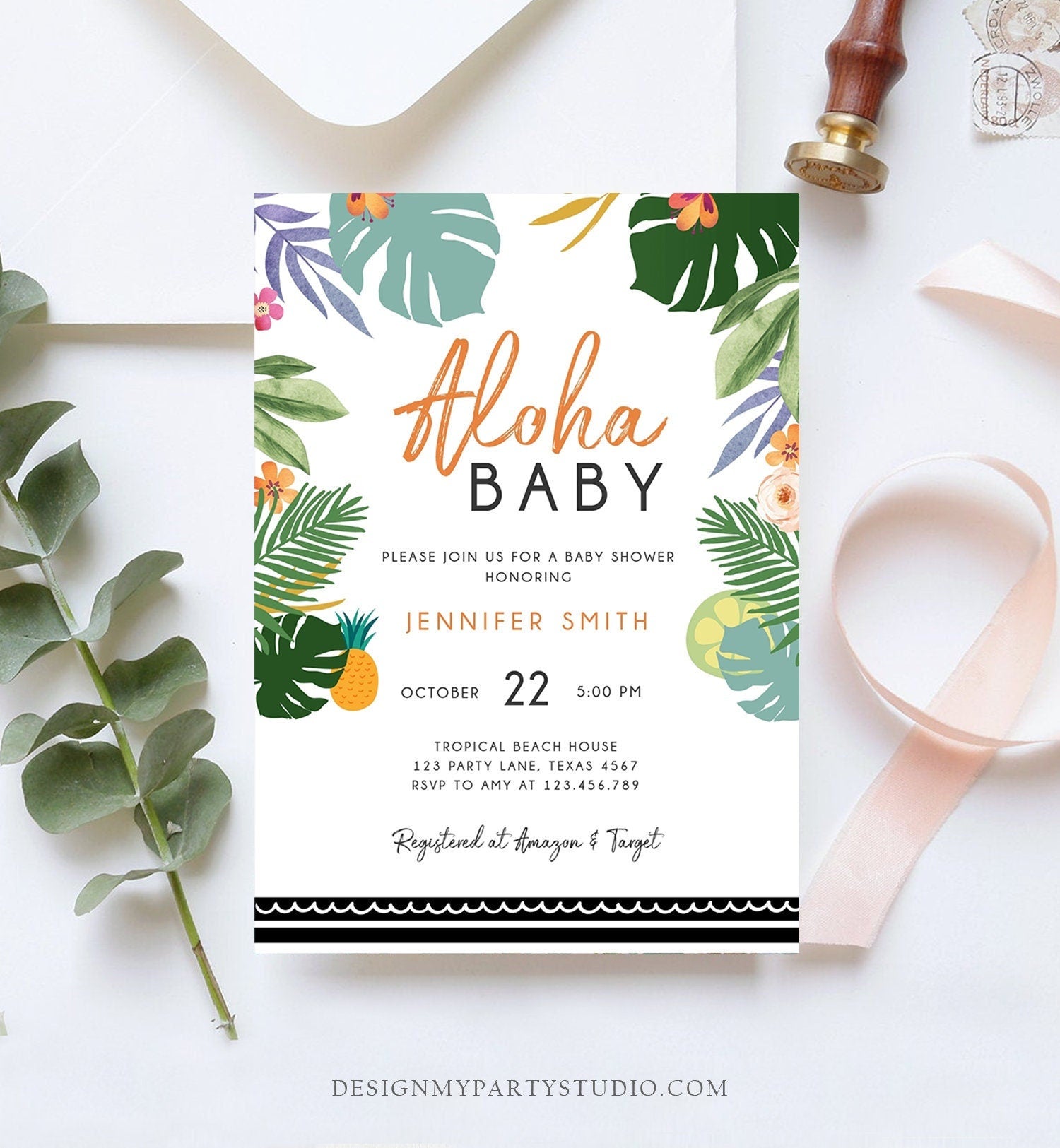 Editable Tropical Baby Shower Invitation Oh Baby Aloha Coed Shower Party Sprinkle Luau Palm Hawaiian Beach Corjl Template Printable 0183