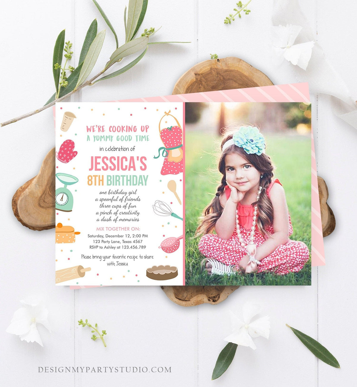 Editable Kids Kitchen Cooking Birthday Invitation Pink Girl Chef Baking Party Cakes Pies Cupcakes Digital Download Template Printable 0219