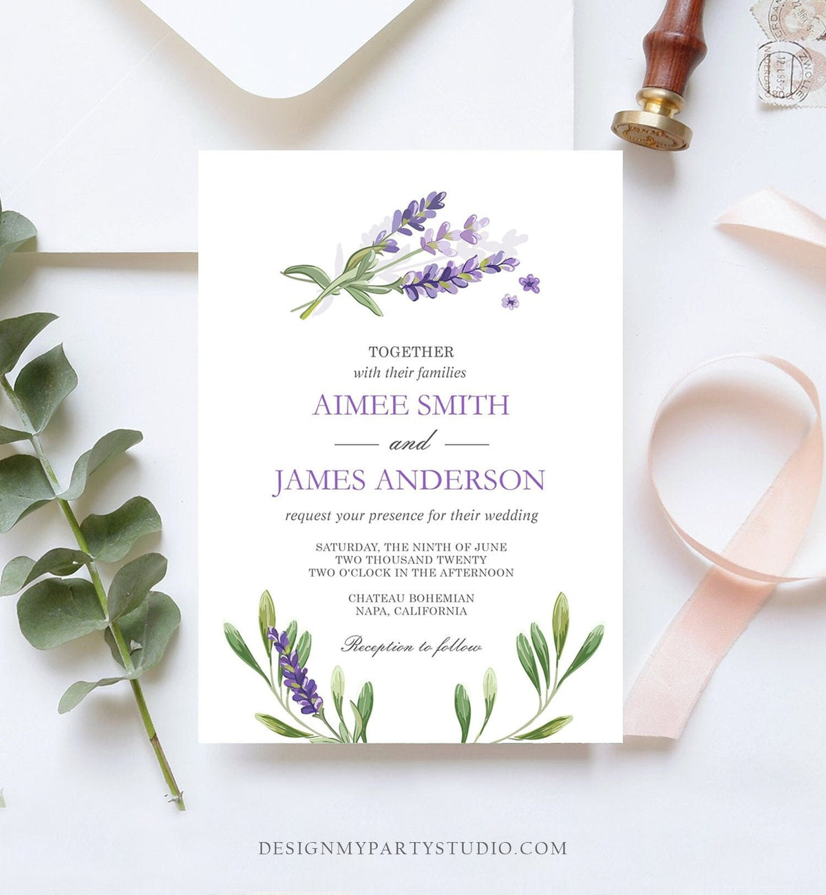 Editable Lavender Wedding Invitation Greenery Foliage Boho Bridal Shower Lilac Blush Lavender Purple Digital Evite Template Printable 0206