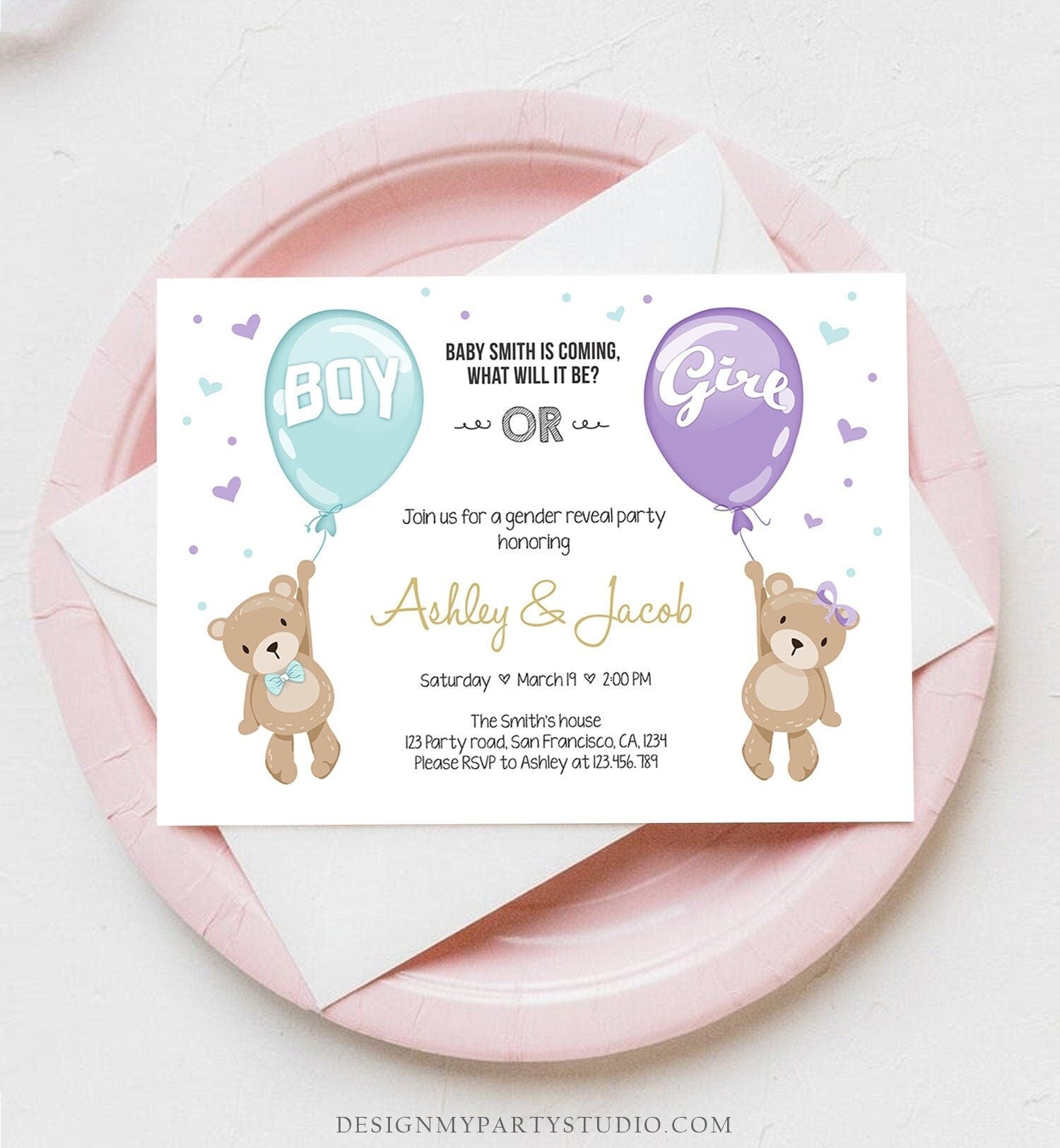 Editable Gender Reveal Invitation Teddy Bear Boy or Girl Blue Purple Violet Lavender He or She Bear Download Printable Template Corjl 0025