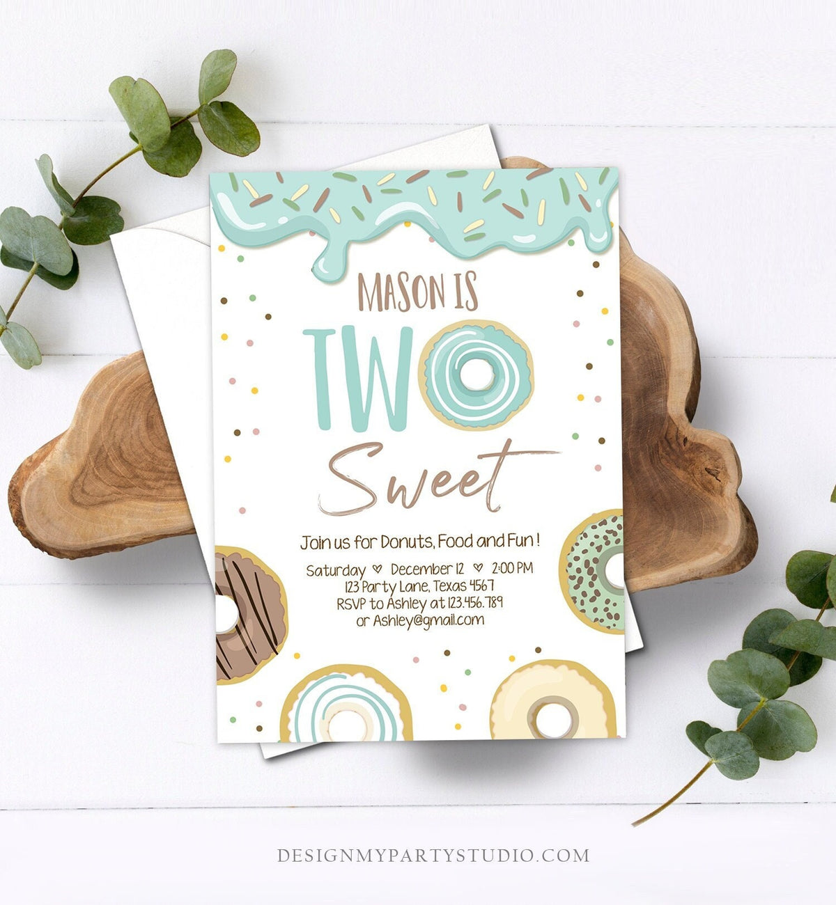 Editable Donut Two Sweet Birthday Invitation Second Birthday Party Blue Boy Doughnut 2nd Pastel Download Printable Template Corjl 0320